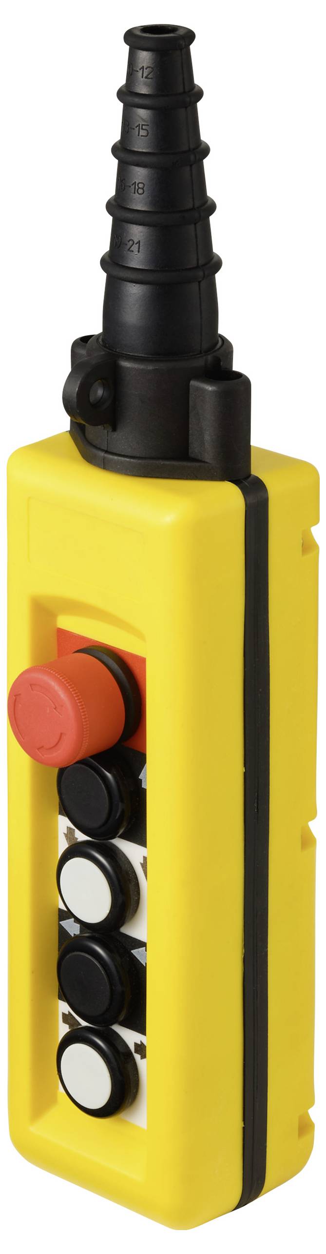 Ein gelber industrieller Kontrollschalter mit einem roten Notaus-Knopf und vier weißen Tasten darunter.