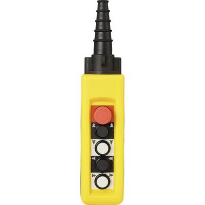 Eine gelbe Handfernbedienung mit einem roten Stoppknopf und vier schwarzen Tasten, die jeweils mit Pfeilen für die Richtungssteuerung versehen sind.