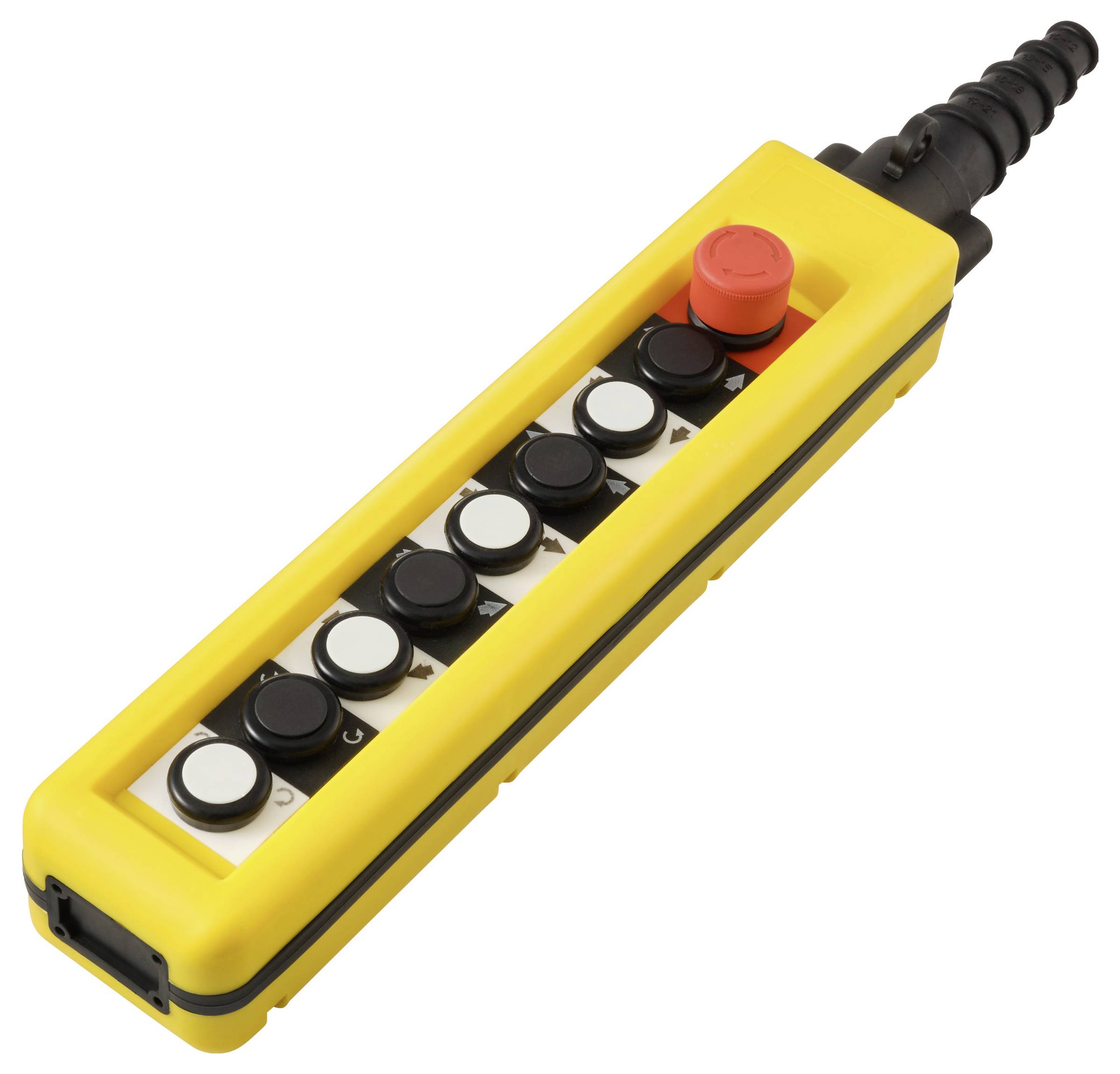 Ein gelbes Handsteuerungspanel mit acht weiß-schwarzen Tasten und einem prominenten roten Notaus-Knopf oben.