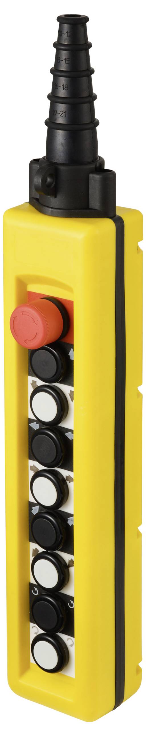 Ein gelber industrieller Steueranhänger mit sieben schwarzen Tasten und einem auffälligen roten Nothalt-Schalter an der Spitze.