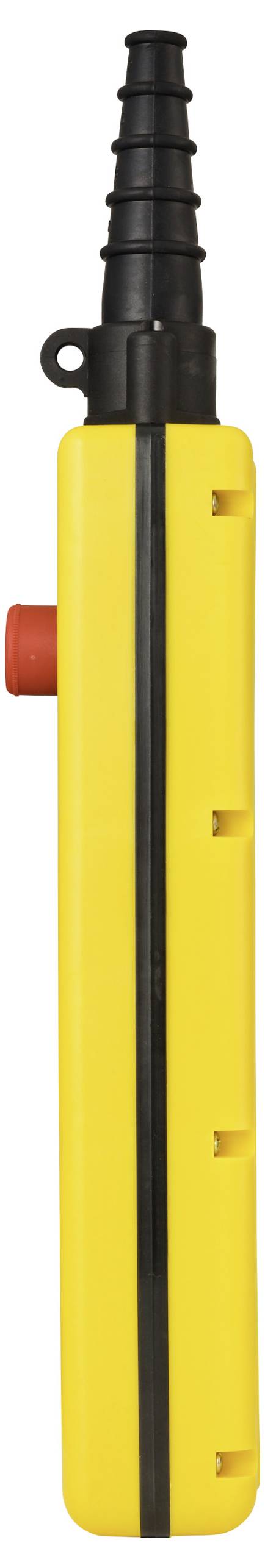 Ein gelbes wasserdichtes Handfernbedienungsgerät mit einer schwarzen Antenne und einem roten Knopf an der Seite.