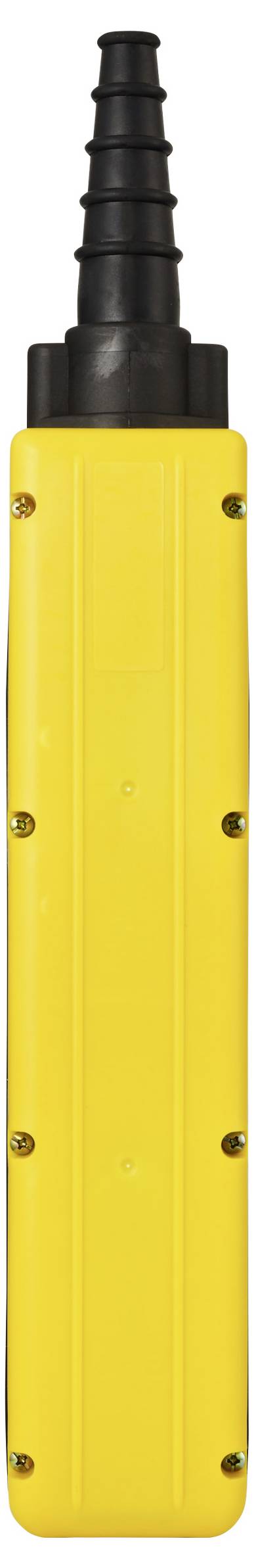Ein gelbes, rechteckiges Not-Aus-Steuerungspendel mit einem schwarzen Oberteil, das mehrere segmentierte Abschnitte aufweist.