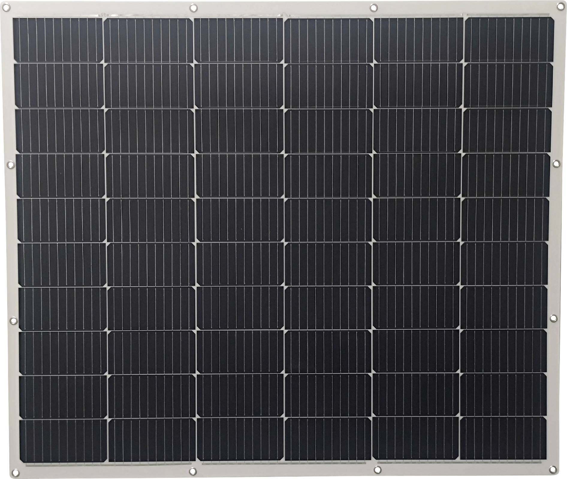 Ein rechteckiges Solarpanel mit mehreren schwarzen, quadratischen Zellen, umrahmt von einem weißen Rand, dient zur Stromerzeugung.
