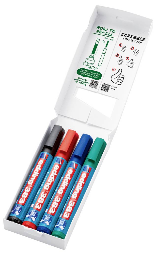 Vier farbige Marker in einer offenen Verpackung mit Anleitung zum Auffüllen, Symbolen und QR-Codes für weitere Informationen.