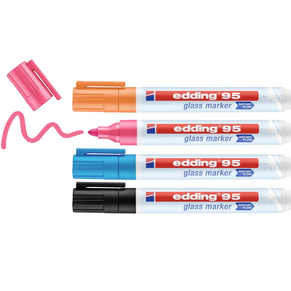 Vier Glasmarker in Orange, Pink, Blau und Schwarz liegen in einer Reihe. Links ist eine pinke Linie aufgemalt.