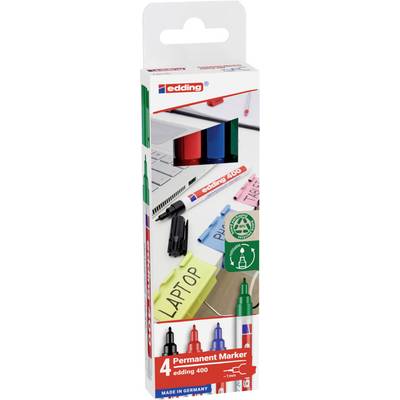 Viererpack Edding 400 Permanentmarker in verschiedenen Farben. Auf der Verpackung sind beschriftete Haftnotizen und Markierungen abgebildet.