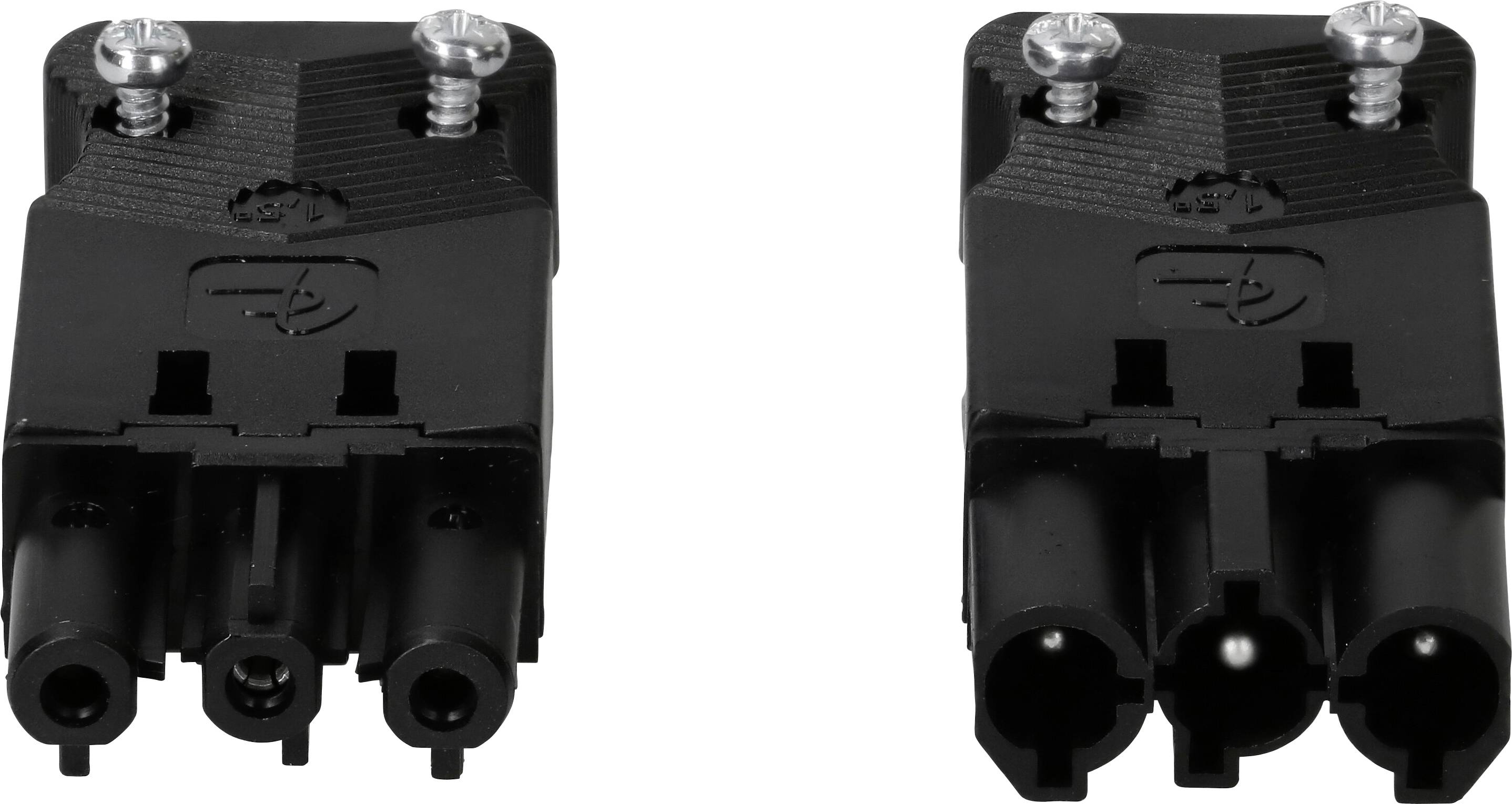 Zwei schwarze elektrische Steckverbinder nebeneinander, mit drei Pins und zwei Befestigungsschrauben oben.