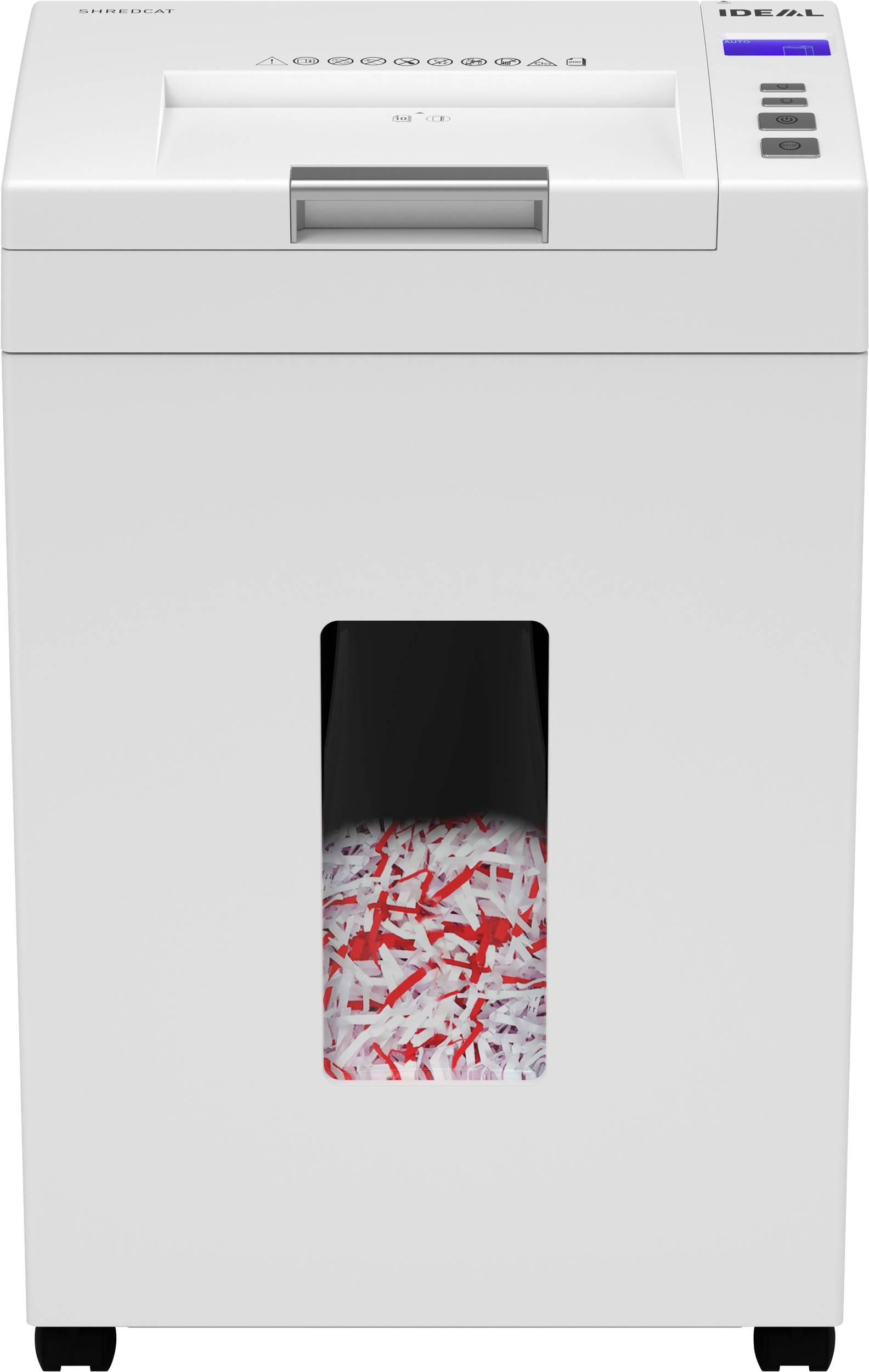 Ein weißer Aktenvernichter mit durchsichtigem Fenster, durch das zerkleinertes Papier sichtbar ist.