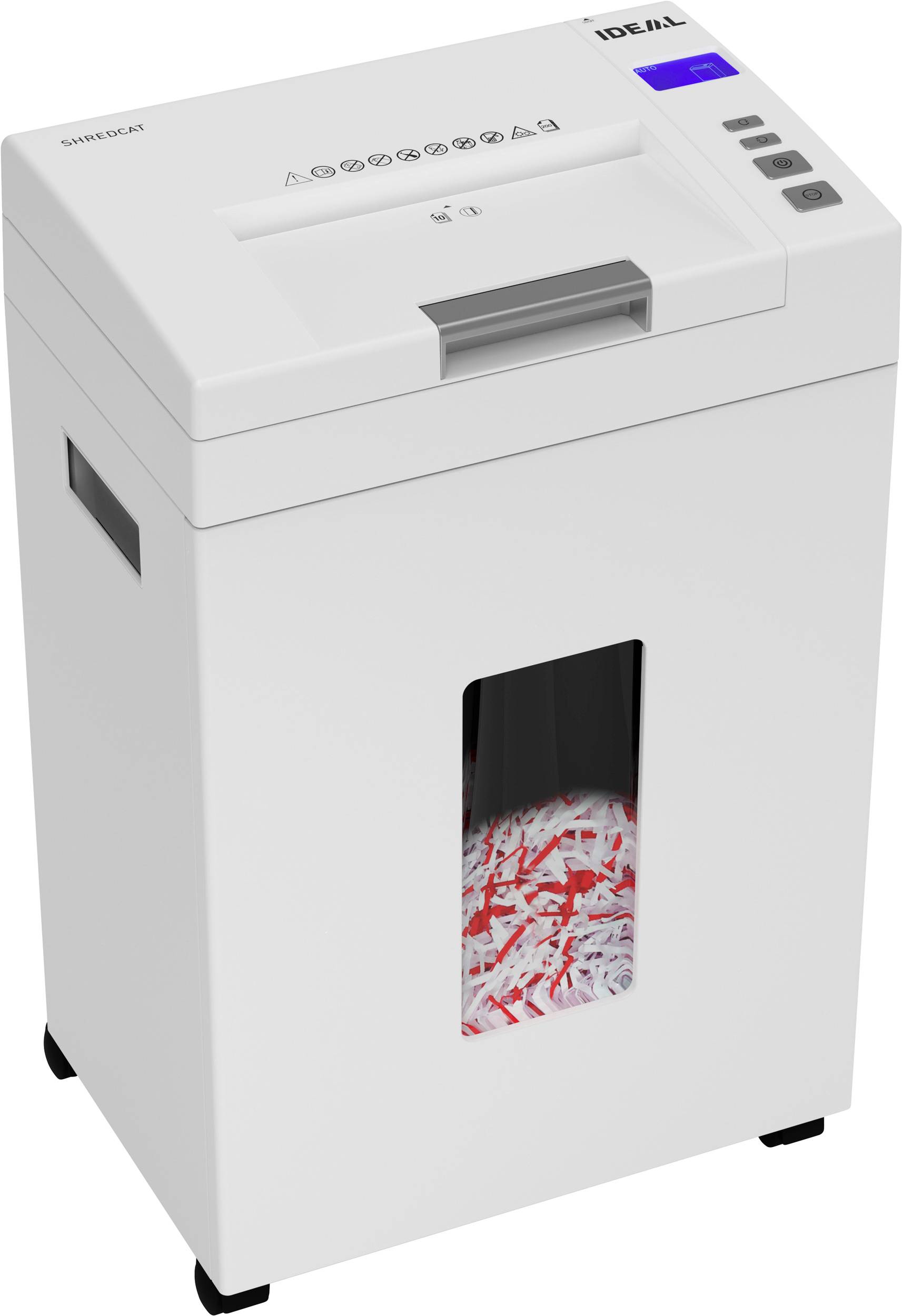Ein weißer Aktenvernichter mit Sichtfenster und Bedienfeld, gefüllt mit zerkleinertem Papier in Schwarz und Rot.