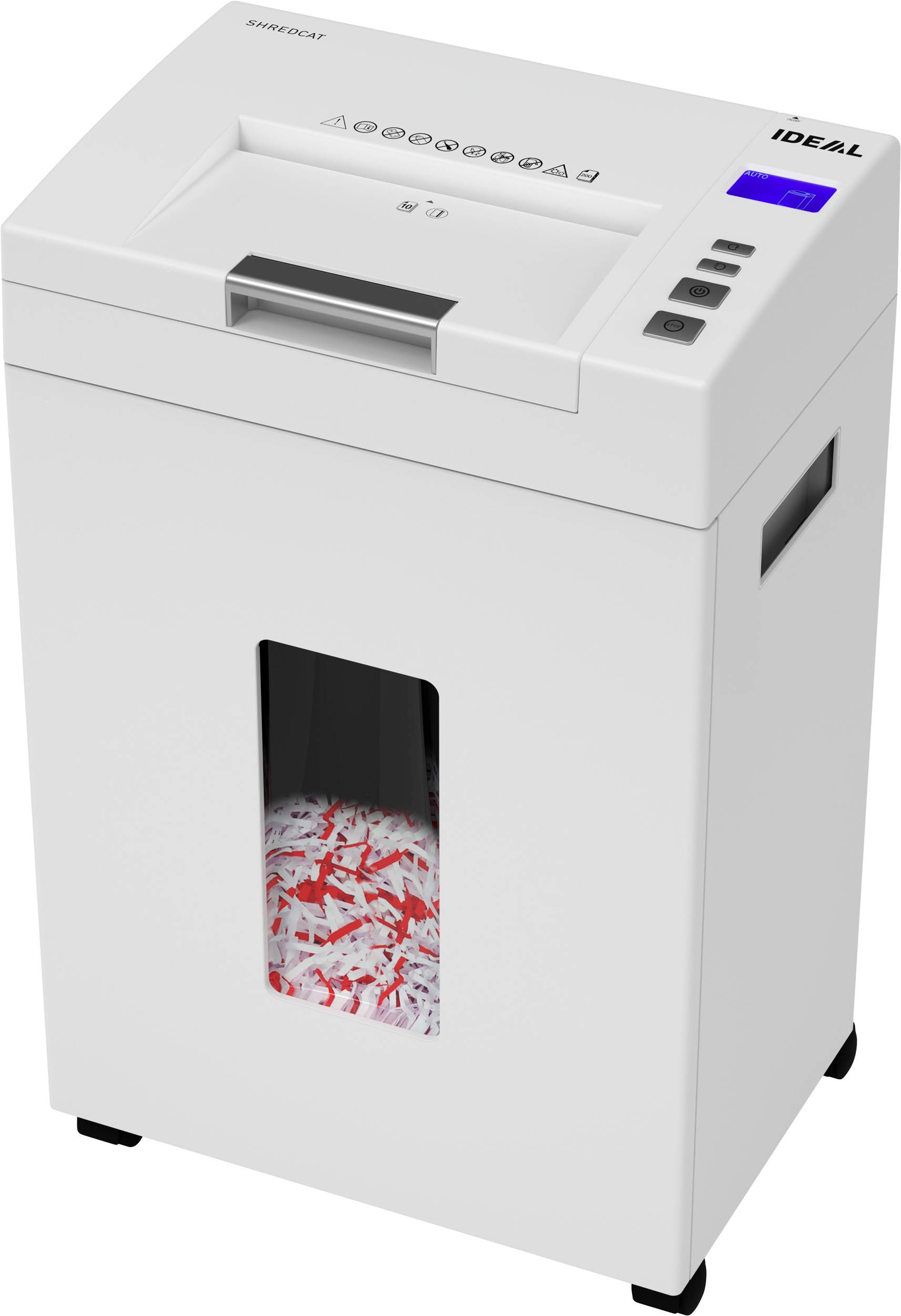 Ein weißer Aktenvernichter mit vollem Auffangbehälter, gefüllt mit geschreddertem Papier.