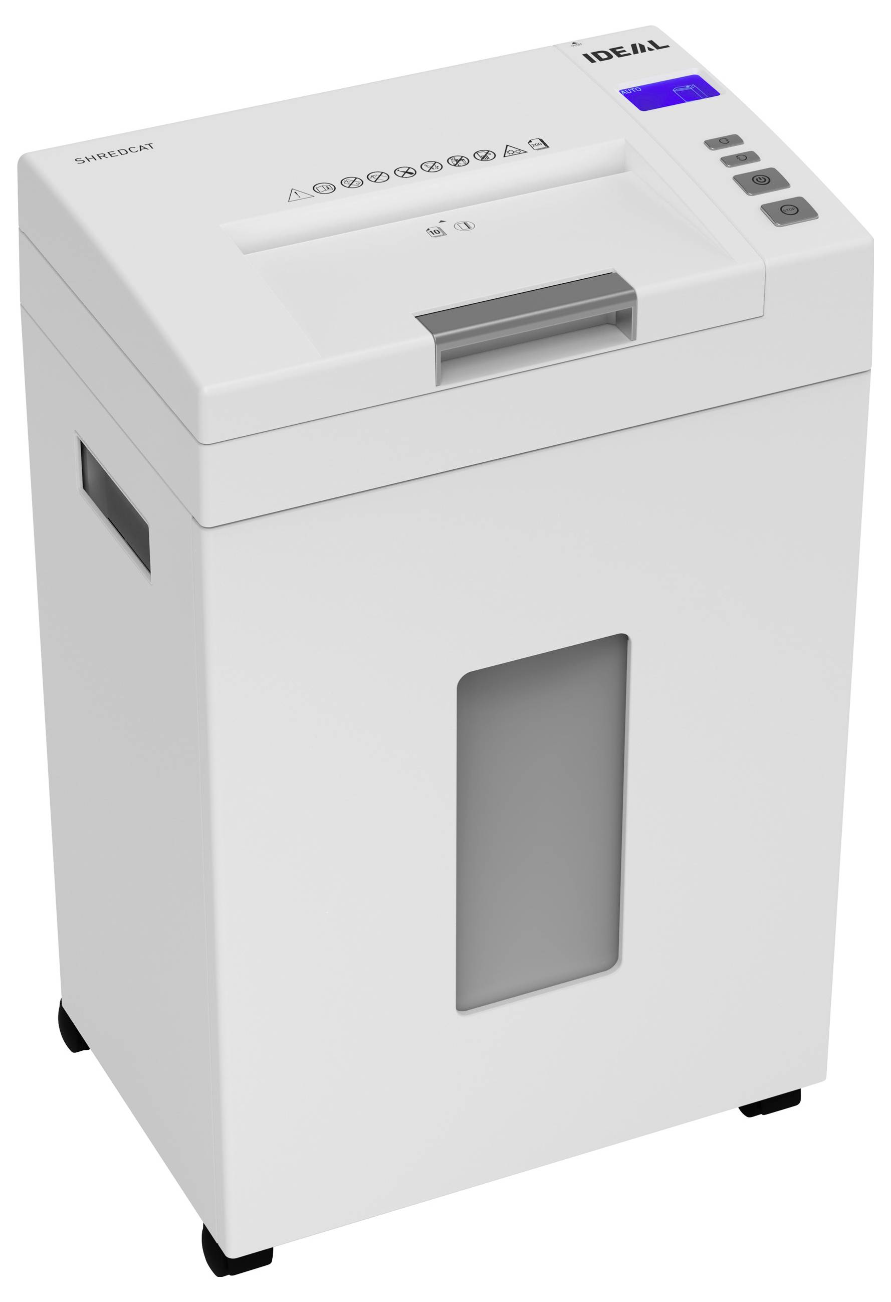 'Moderner Aktenvernichter mit digitalem Bedienfeld. Geeignet zum Zerkleinern von Papier in kleine Streifen. Sichtfenster zur Füllstandsanzeige.'