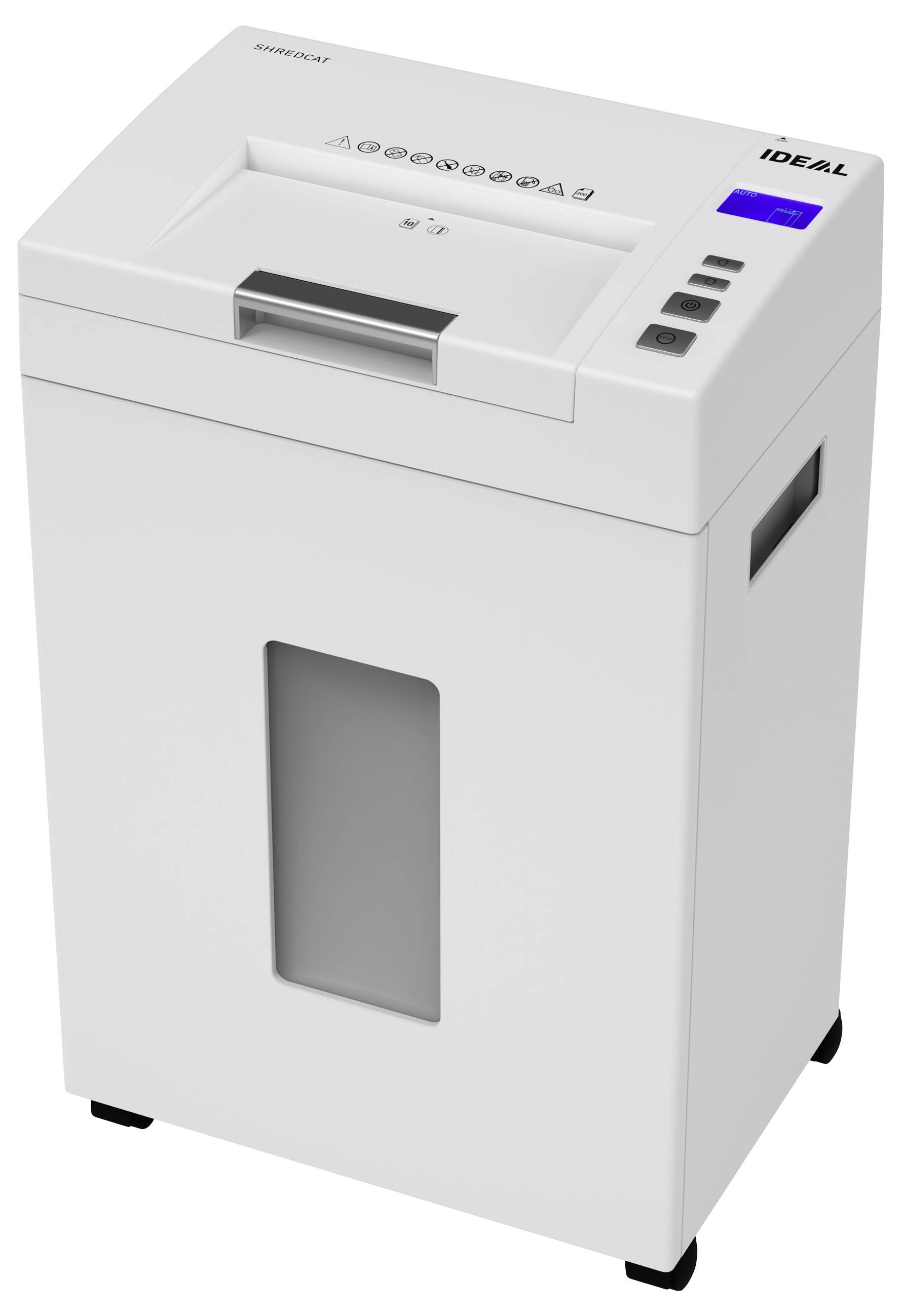 Ein weißer Dokumentenschredder mit transparenter Abfallbehälteransicht und blauen Leuchtelementen. Geeignet für Büroumgebungen.