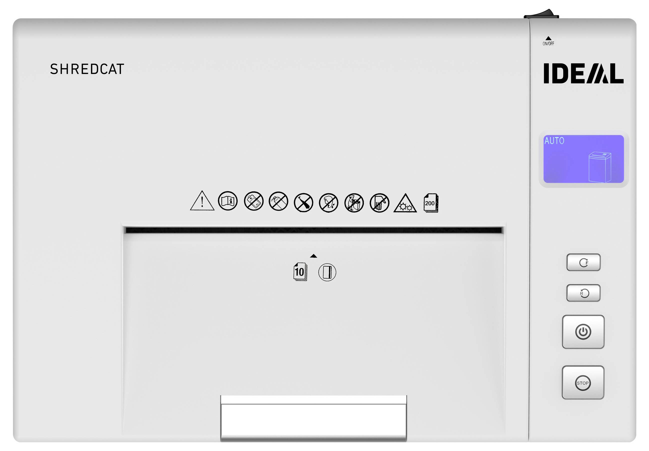 Ein Aktenvernichter mit Bedienfeld und Eingabeschlitz. Enthält Symbole für Sicherheitshinweise und eine Anzeige für automatische Funktion.