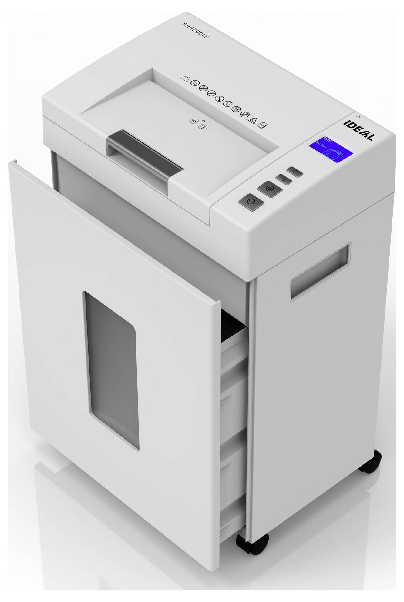 Ein weißer Aktenvernichter mit digitalem Display, Symbolen für verschiedene Funktionen und einem Auszugsschubfach auf Rollen.