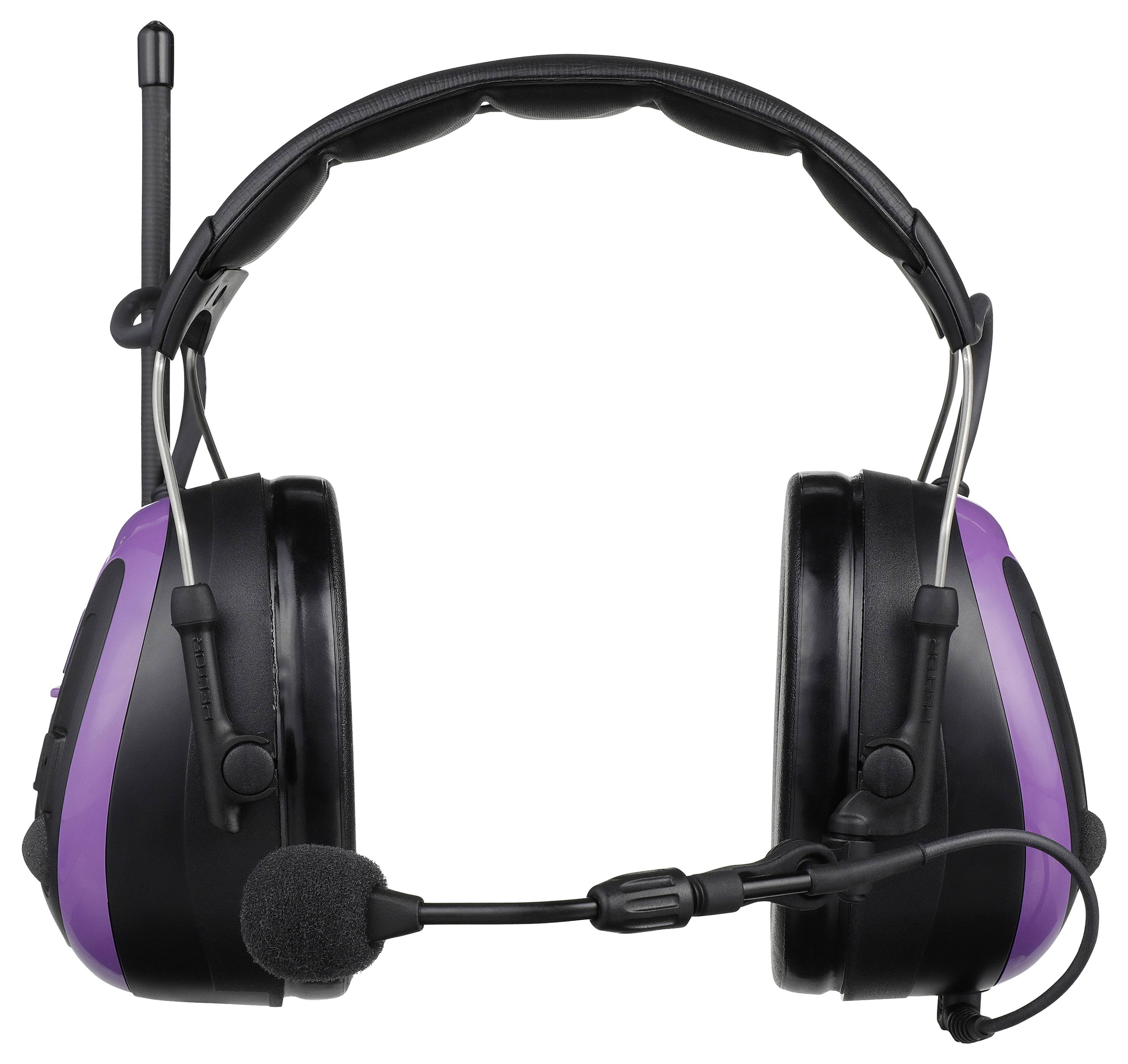 Schwarzes Headset mit Mikrofon und lila Akzenten, geeignet für Kommunikationszwecke in lauten Umgebungen.