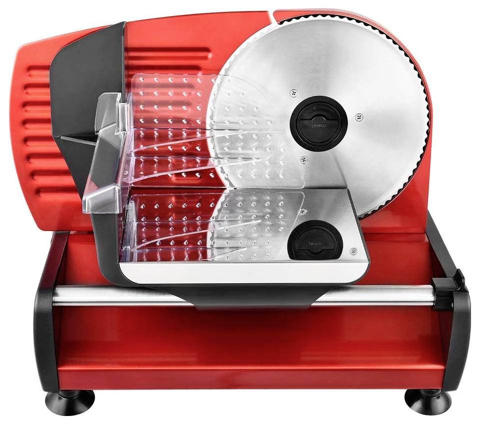 Rote elektrische Schneidemaschine mit silberner Klinge und transparenter Abdeckung, geeignet für Fleisch und Käse.