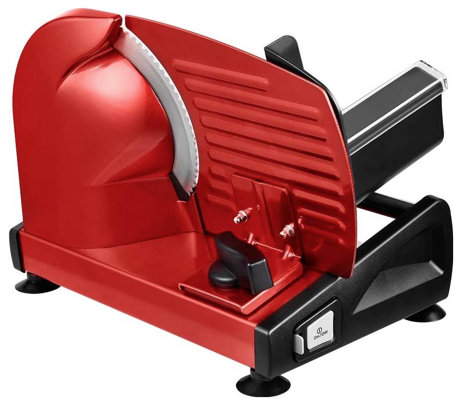 Rote elektrische Aufschnittmaschine mit rundem Klingenmesser, Kippschutz und Saugnäpfen auf der Unterseite zur Stabilisierung.