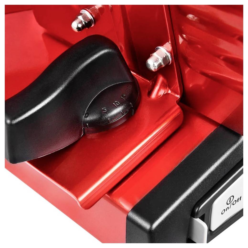 Ein rotes Gerät mit schwarzem Drehknopf zur Einstellung verschiedener Stufen und einem sichtbaren Ein-/Aus-Schalter.