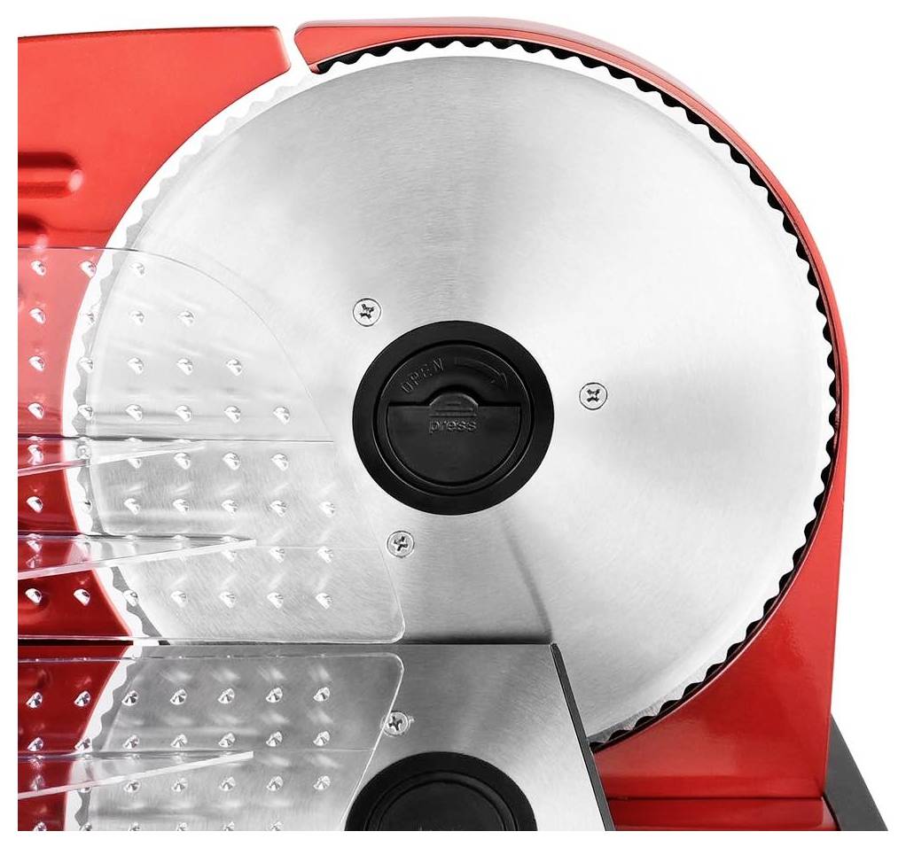 Rote elektrische Aufschnittmaschine mit glänzender Metallscheibe, geeignet zum Schneiden von Fleisch oder Käse, nahaufnahme.