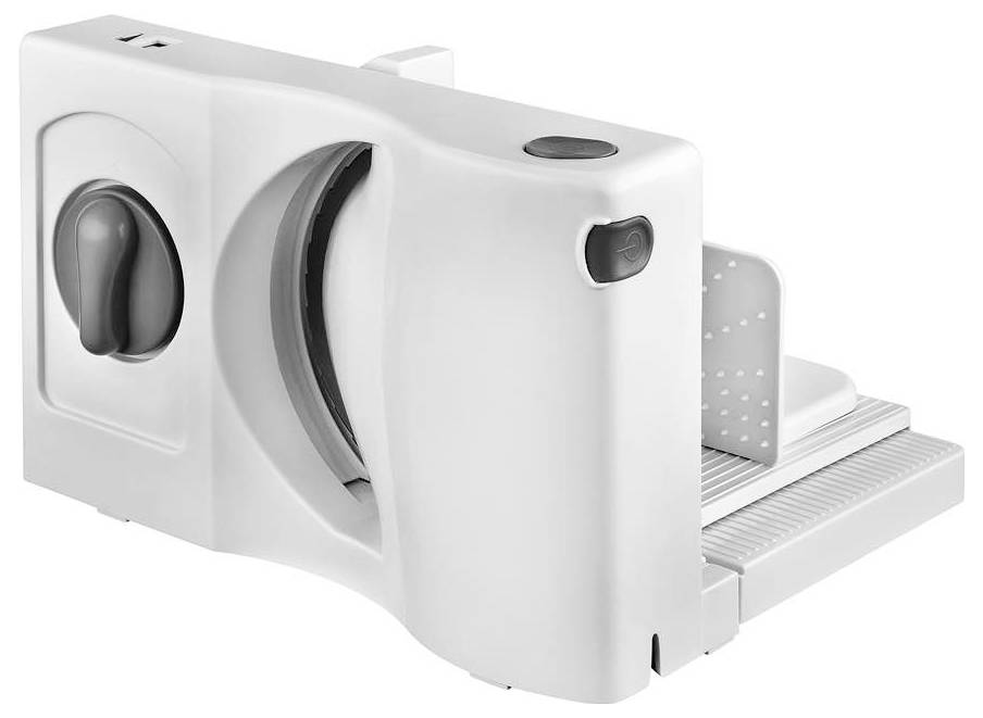 Elektrischer Allesschneider in weiß mit rundem Messer, einstellbarer Schnittdicke und Sicherheitsknopf. Für Brot, Fleisch, Käse.