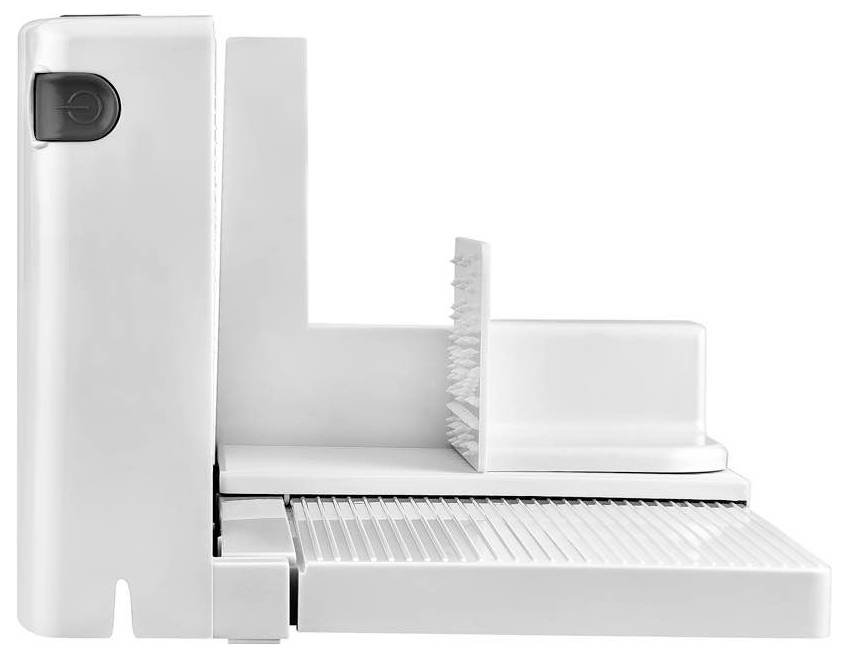 Elektrischer Allesschneider in Weiß mit abnehmbarem Schlitten, geeignet zum Schneiden von Brot, Fleisch und Käse.