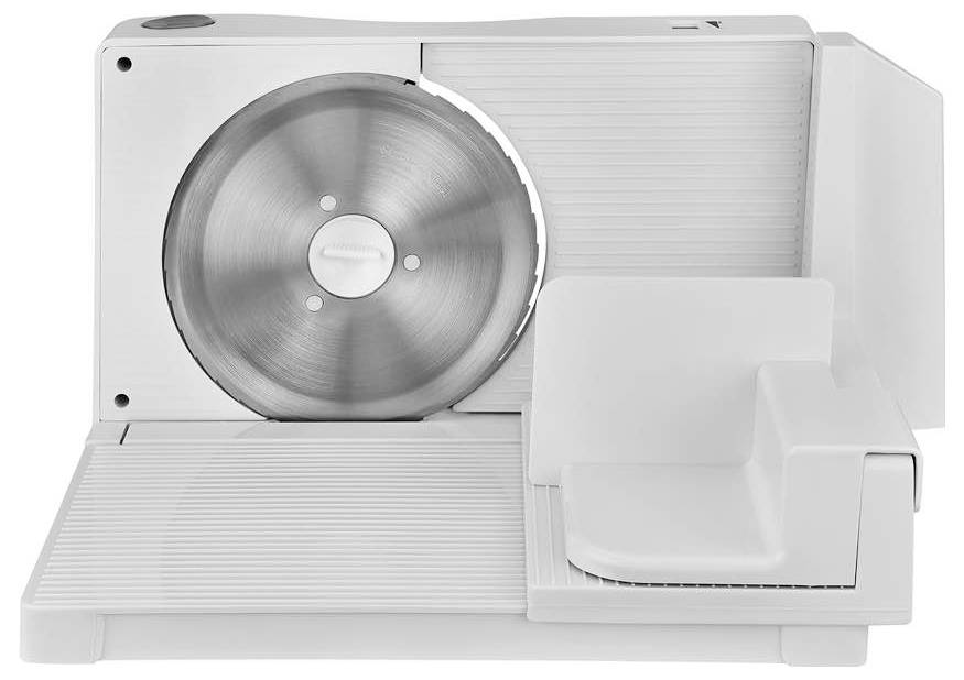 Elektrischer Allesschneider mit silberner Klinge, geeignet zum Schneiden von Brot, Fleisch und Käse auf einer weißen Oberfläche.