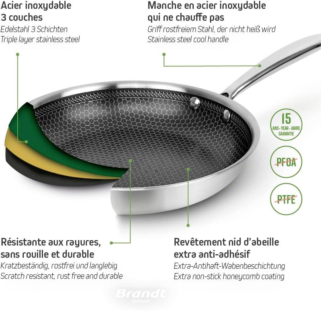 Bratpfanne aus rostfreiem Edelstahl mit dreischichtiger Konstruktion und antihaftbeschichteter Wabenoberfläche. 15 Jahre Garantie.