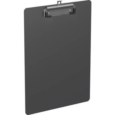 Eine schlichte schwarze Klemmbrett mit einer Metallklammer in der Mitte oben, zum Halten von Papieren, auf dem sich keine Papiere oder Schriften befinden.