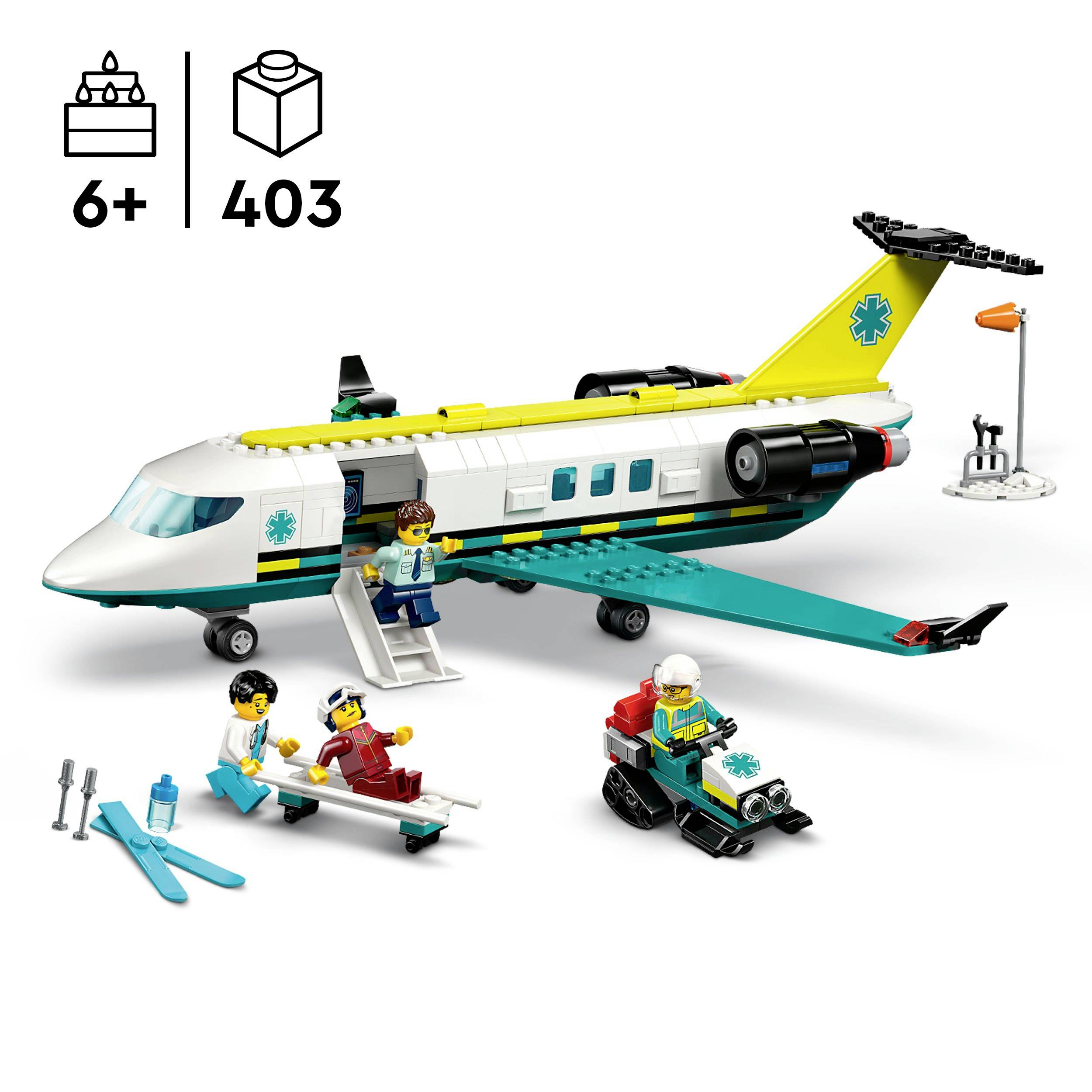 Ein LEGO® Rettungsjet-Set für Kinder ab 6 Jahren, enthält ein Flugzeug, Figuren wie Ärzte und Patienten sowie Zubehör wie eine Trage.