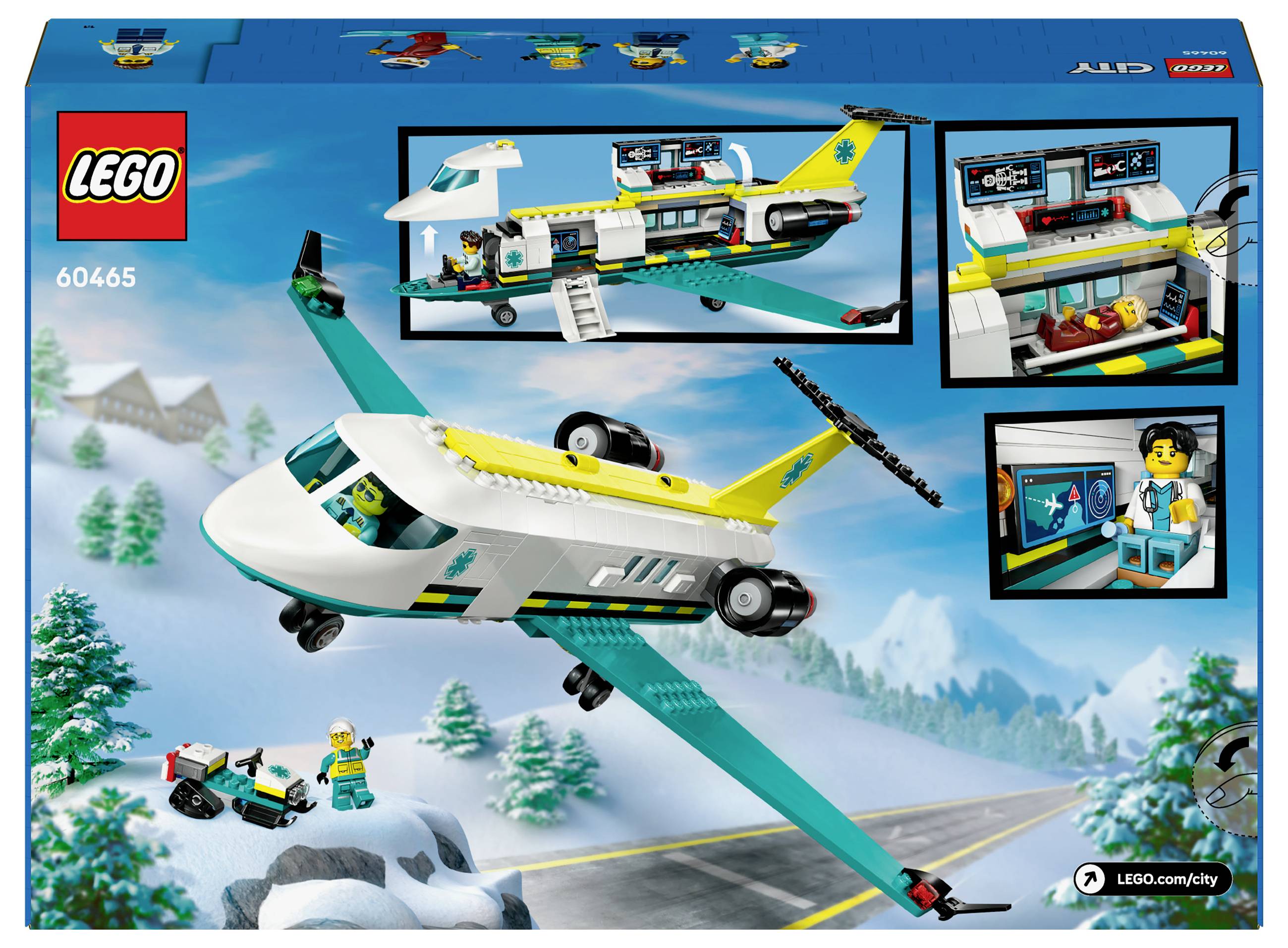 Ein LEGO-Set zeigt einen Krankenwagenjet, der in einer verschneiten Berglandschaft fliegt, mit kleinen Details des Innenraums.