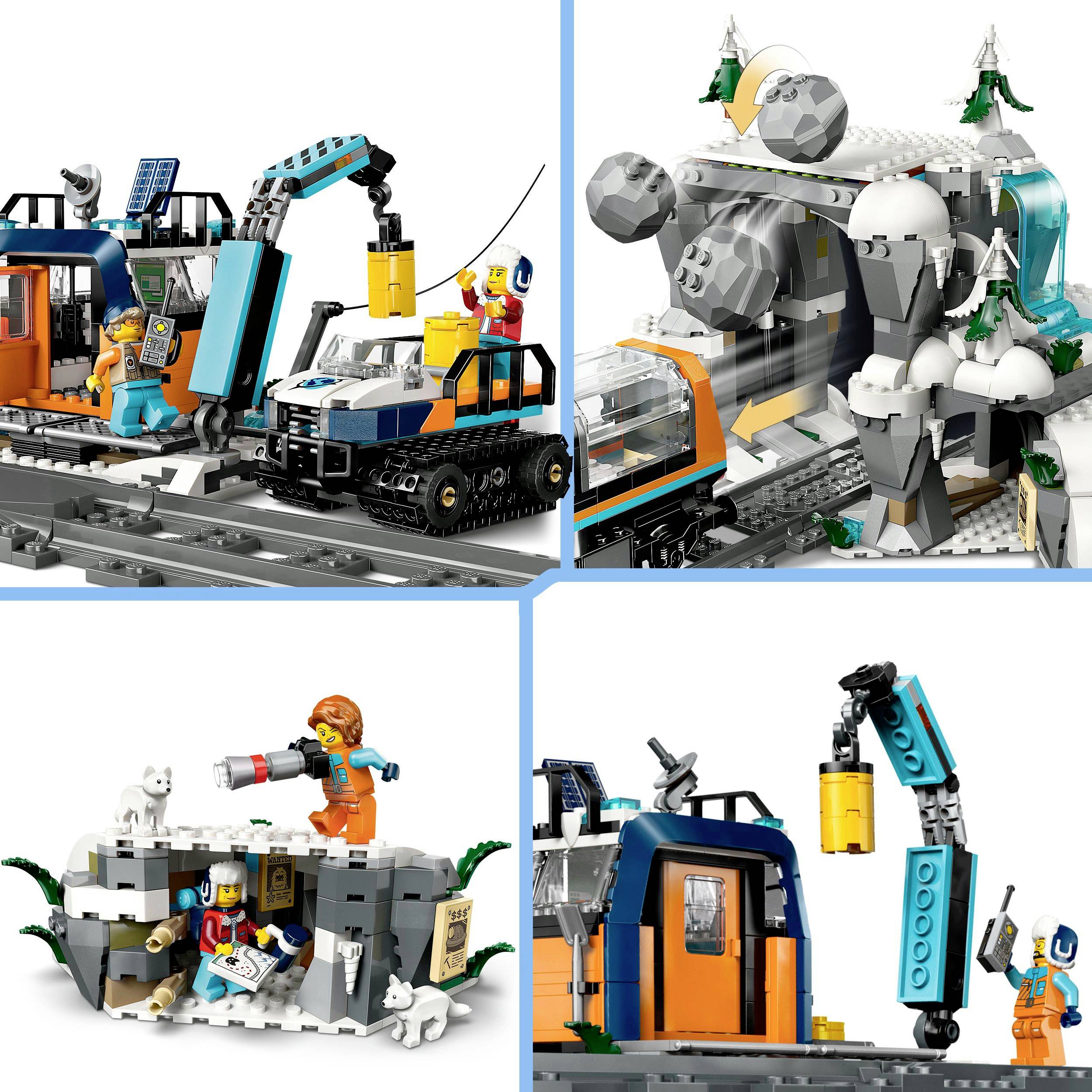 LEGO-Set mit Antarktis-Thema: Zug mit Kran, Roboterfahrzeug, Figuren in Winterkleidung, Eislandschaft, Tierspielfiguren. Abenteuer im Schnee.