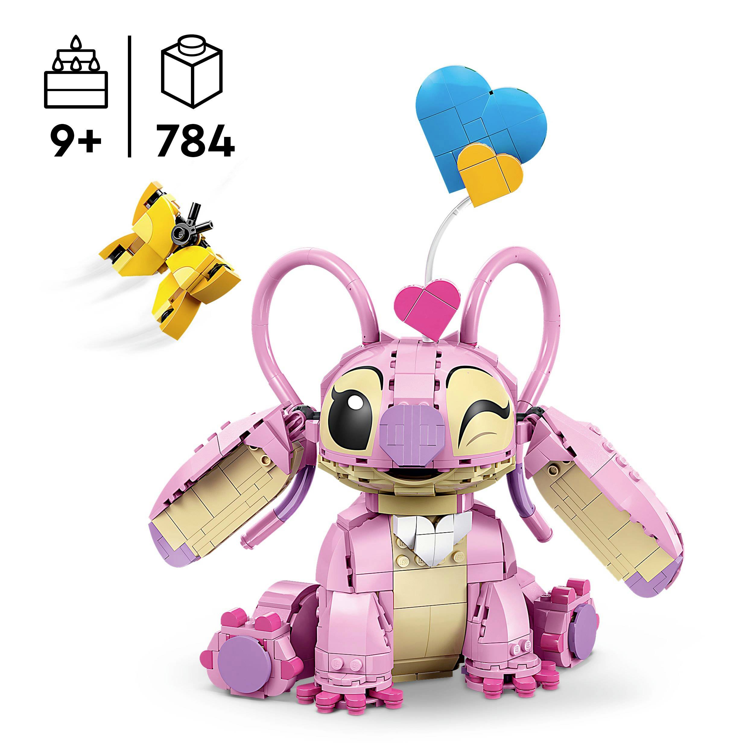 Ein rosa Roboter-Hase aus Bauklötzen mit Herz-Ballons. Geeignet für Kinder ab 9 Jahren, enthält 784 Teile. Bunter Schmetterling als Zubehör.