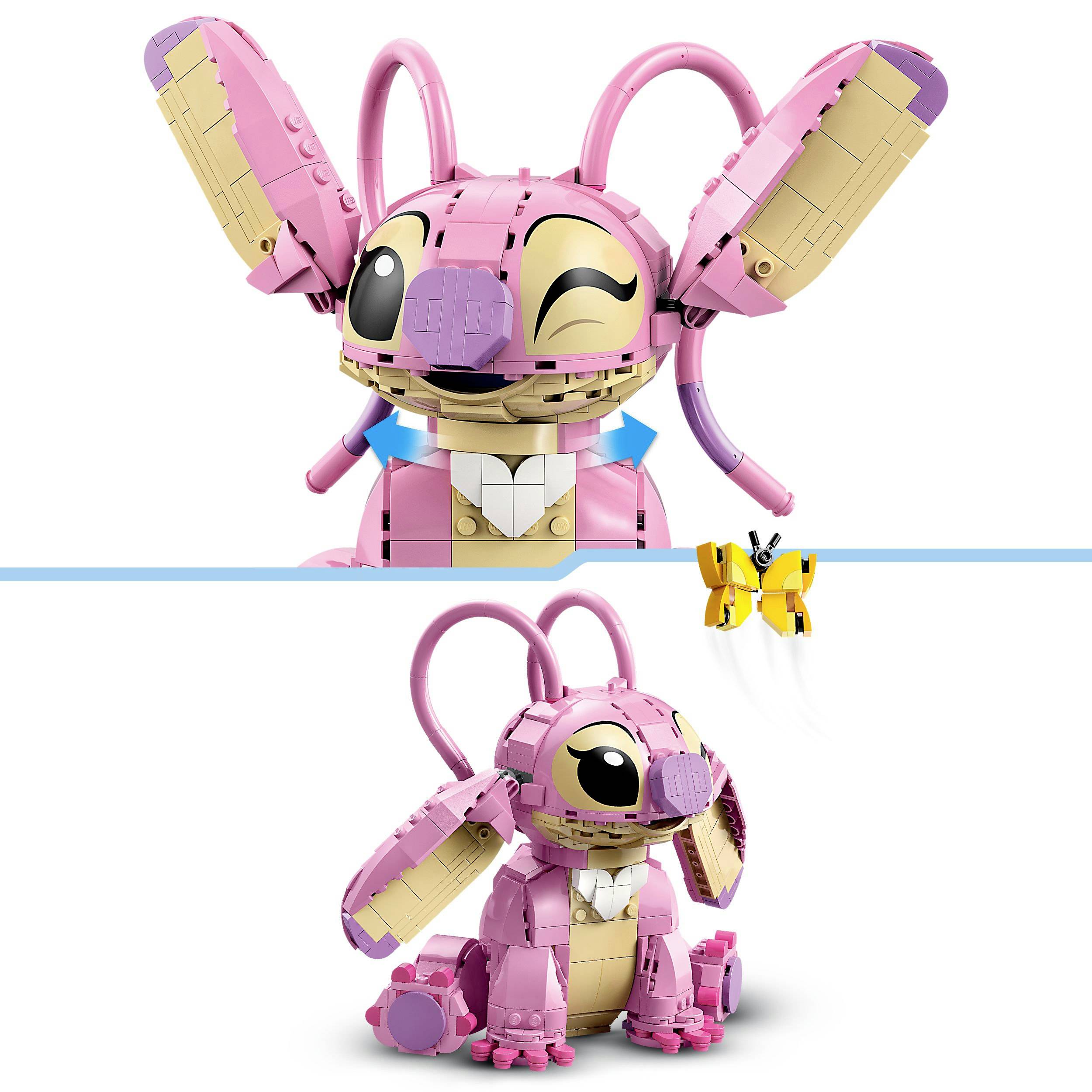 Ein pinker, anthropomorpher Baustein-Hase mit großen Ohren, der sich von einem stehenden in einen sitzenden Zustand transformiert. Eine kleine gelbe Schmetterlingsfigur ist ebenfalls abgebildet.