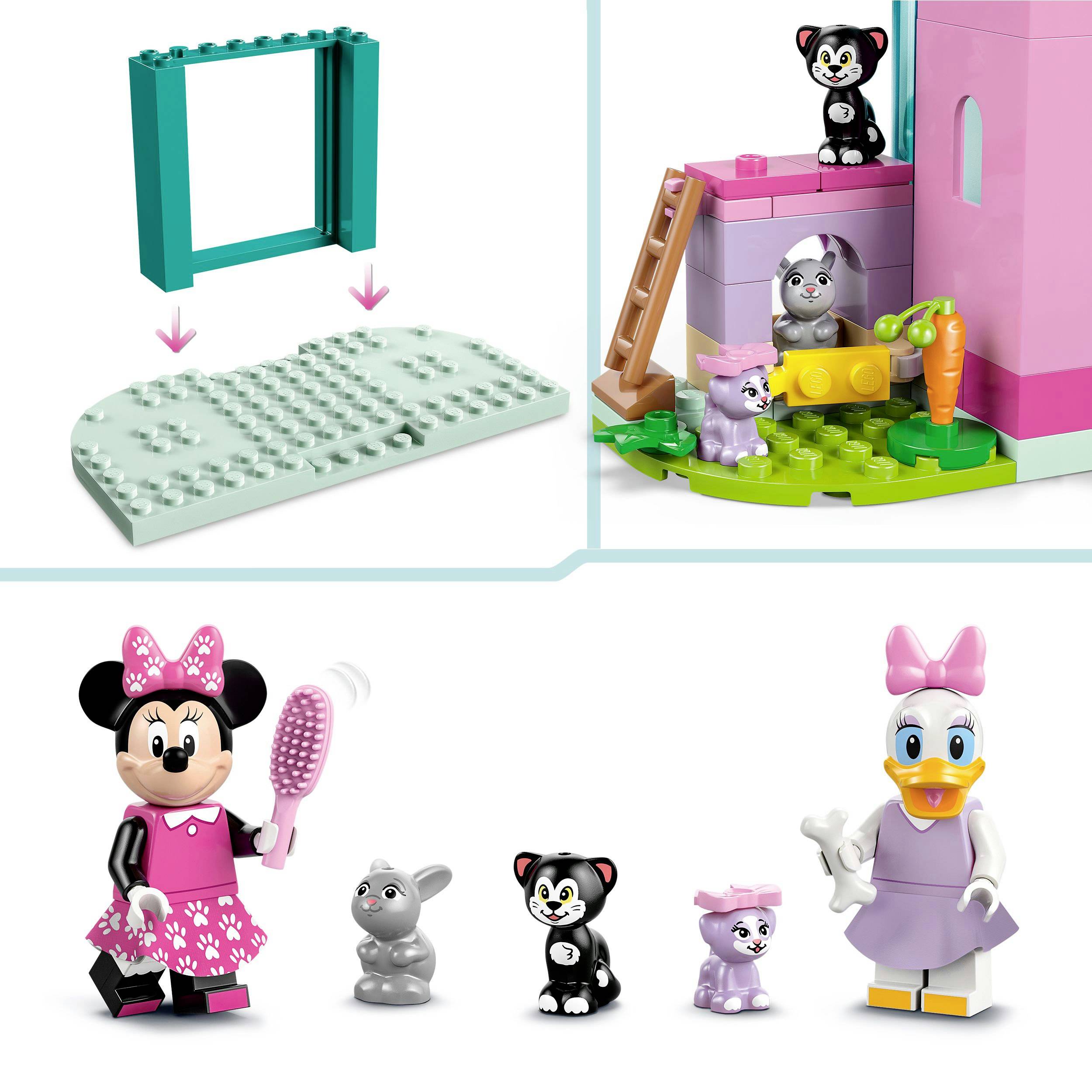 Lego-Set: Minnie Maus vor einem rosa Gebäude mit zwei Kätzchen und Karotte. Rechts Minnie und Daisy mit Pinsel und Häschen.