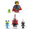 LEGO Minifiguren: Ein Junge mit Cape und drei Figuren, darunter ein blauer Charakter mit Ohren, ein Krieger und ein Roboterhelm.