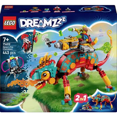 LEGO 'DREAMZzz' Set 71492: Mateo's Fire Chameleon. Enthält 443 Teile, geeignet für Kinder ab 7 Jahren. Figur reitet bunten Drachen.