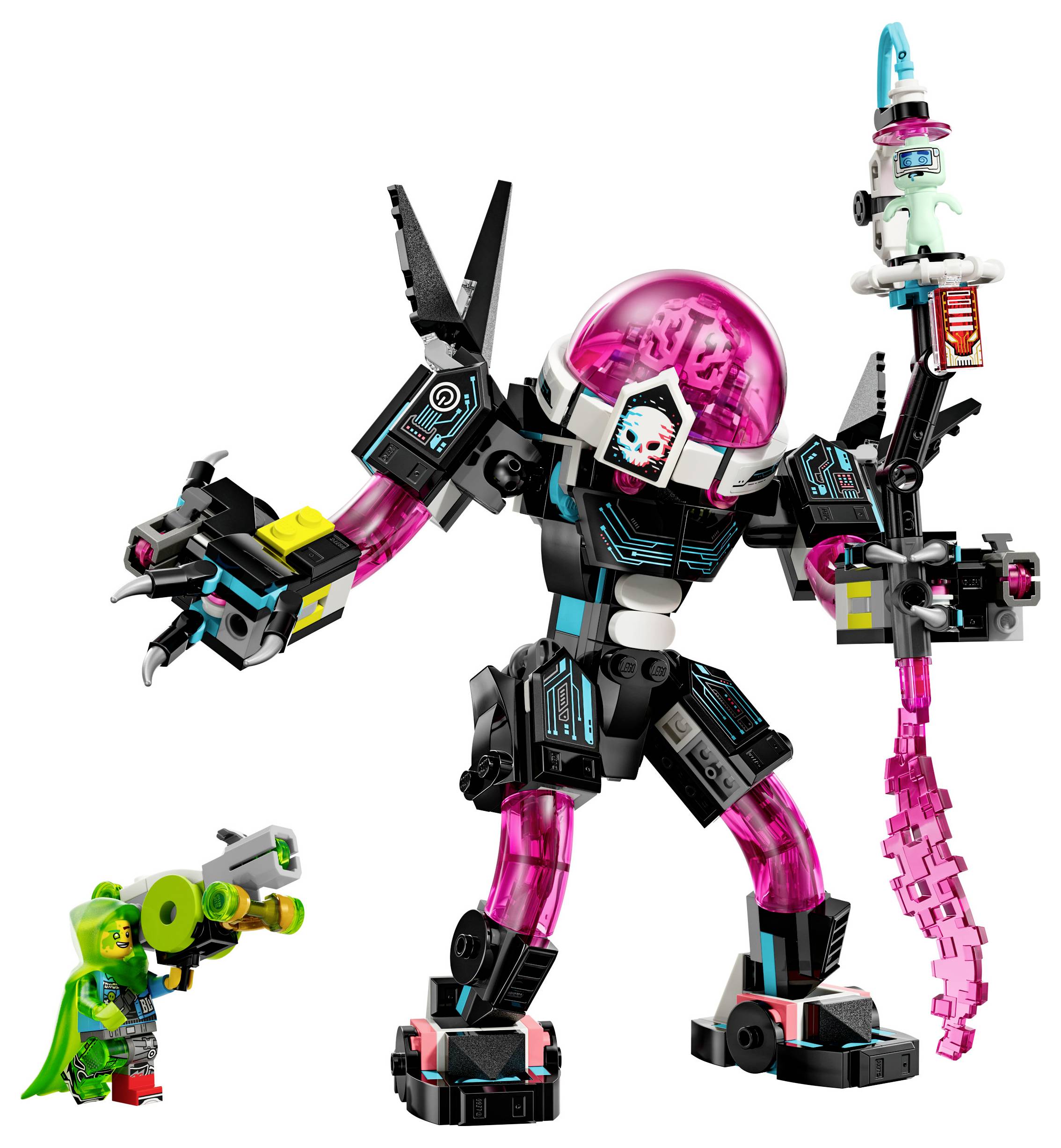 Ein großer Roboter mit rosafarbenen und schwarzen Teilen hält einen Stab. Eine kleinere Figur mit grünem Umhang steht daneben.