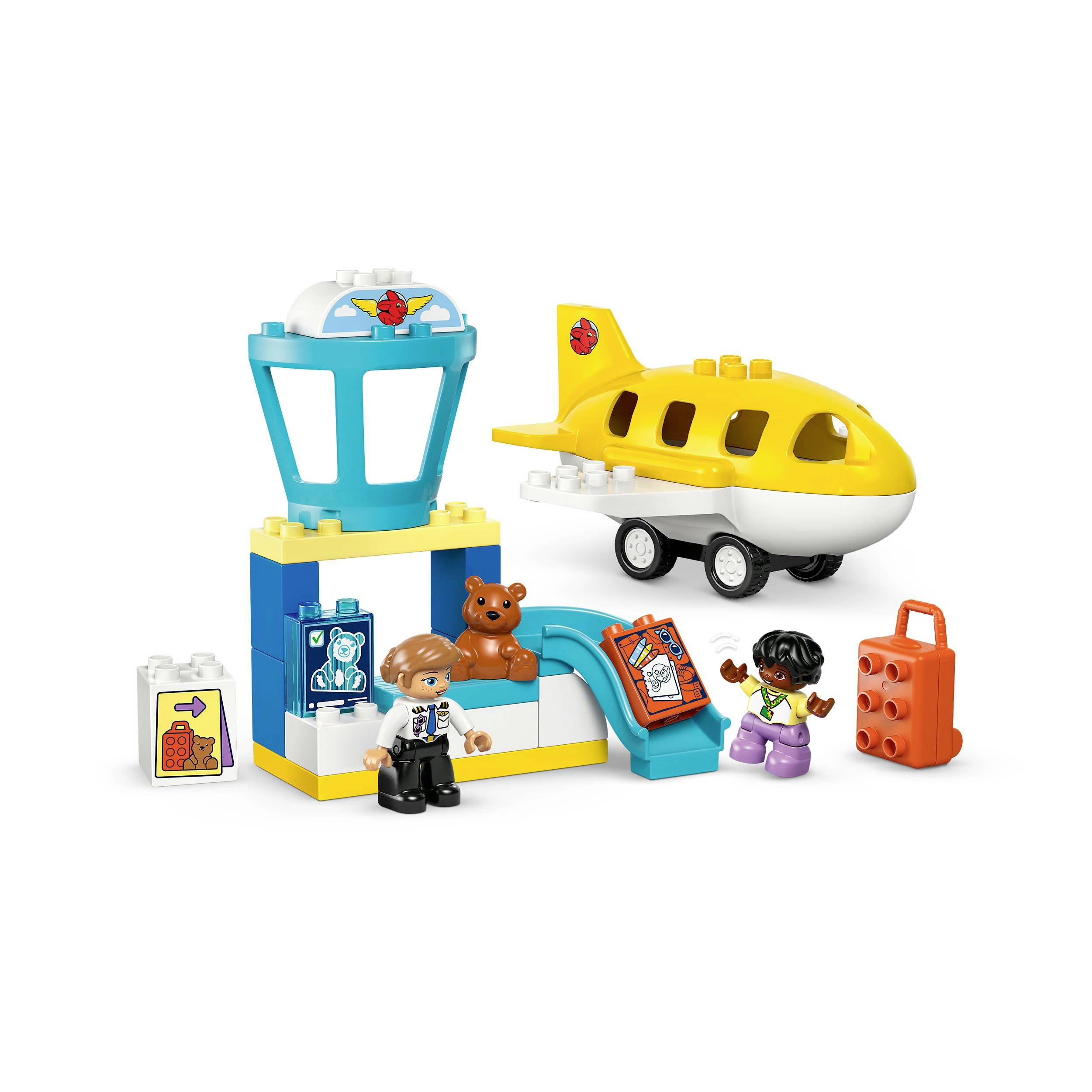 Spielzeugflughafen-Set mit Flugzeug, Gepäckstück und Figuren in bunter Szenerie. Enthält auch Kontrollturm und Koffer.