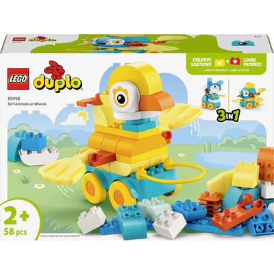 LEGO DUPLO Set '3-in-1 Tiere auf Rädern' zeigt einen gelben Vogel aus Bausteinen auf Rädern. Geeignet für Kinder ab 2 Jahren, 58 Teile.