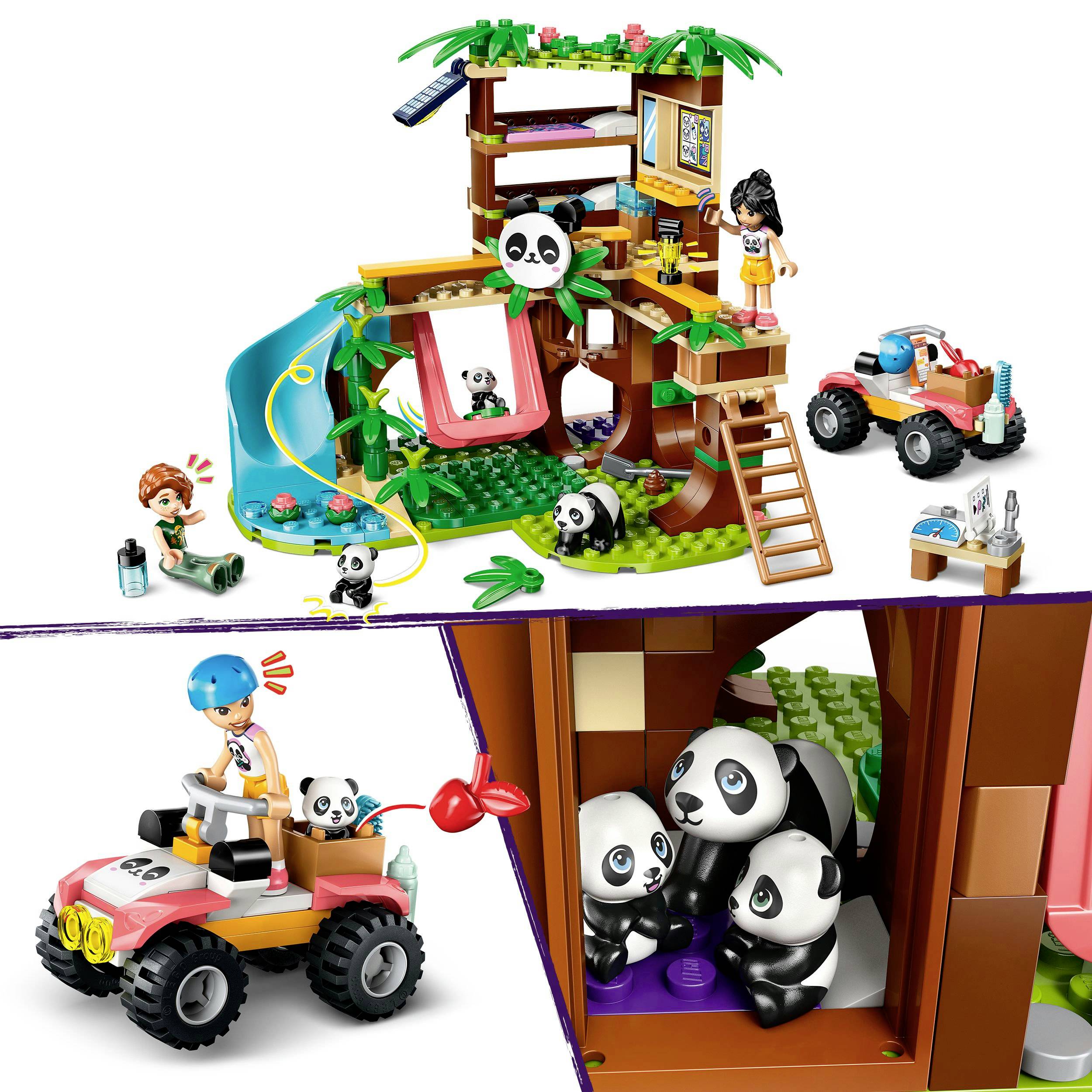 Baumhaus-Spielset mit Panda-Figuren, Schaukel, Rutsche und Miniatur-Fahrzeugen. Kinderfiguren spielen im Baumhaus und Umgebung.