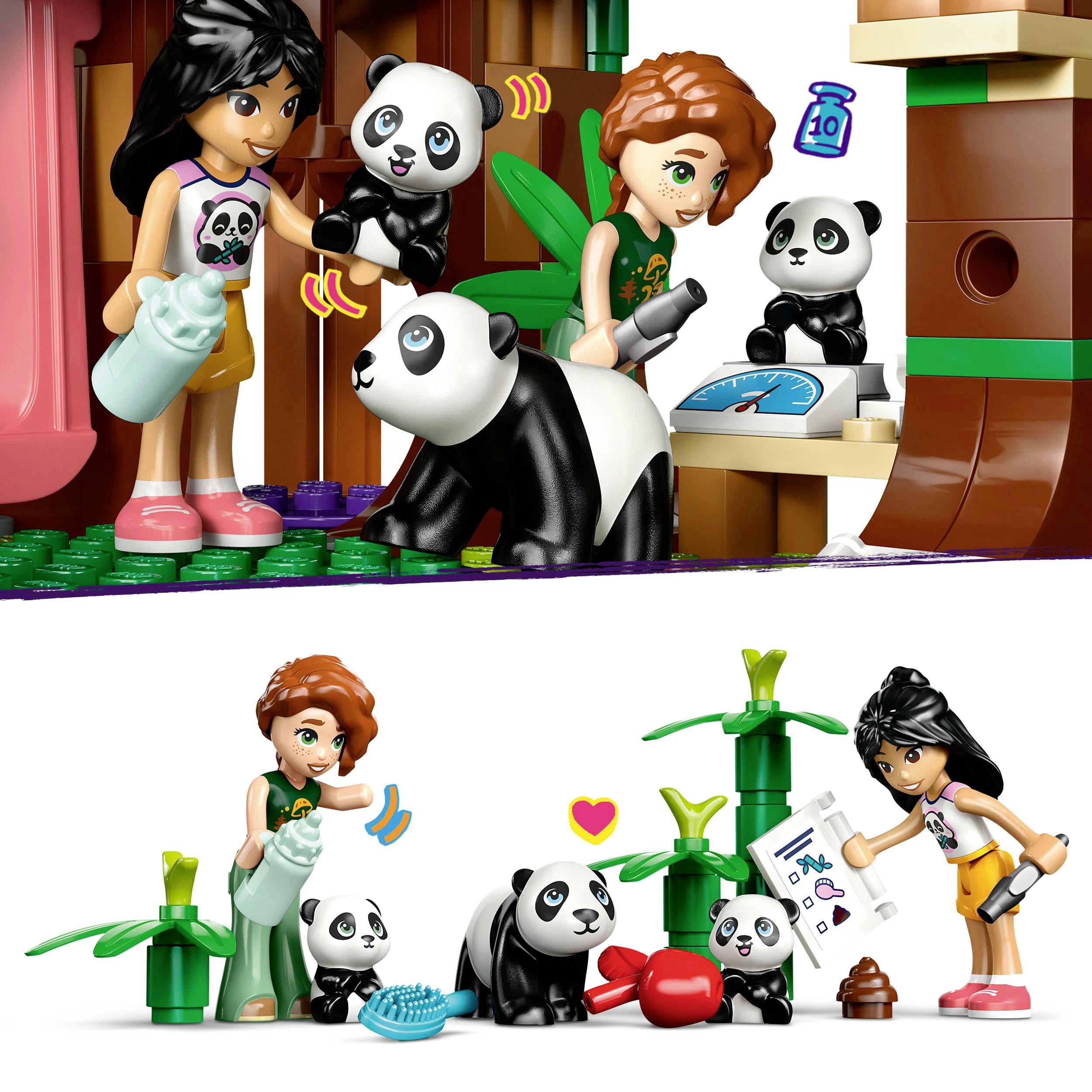 Zwei Figuren füttern und pflegen Pandas in einem Spielset. Pandababys, Waage und Milchflasche sind zu sehen, um Pflege darzustellen.