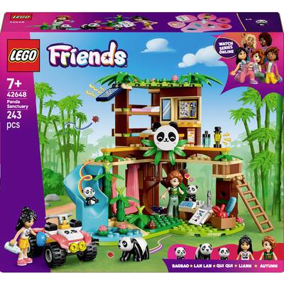 LEGO-Set 'Panda Sanctuary' für Kinder ab 7 Jahren. Enthält ein Baumhaus, Pandas, und Spielfiguren. Themenwelt 'LEGO Friends'.