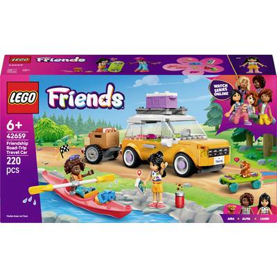 LEGO Friends Bauset: Enthält Auto, Kajak, zwei Figuren und Zubehör. Geeignet ab 6 Jahren. Verpackung mit buntem Design und Figurenabbildungen.