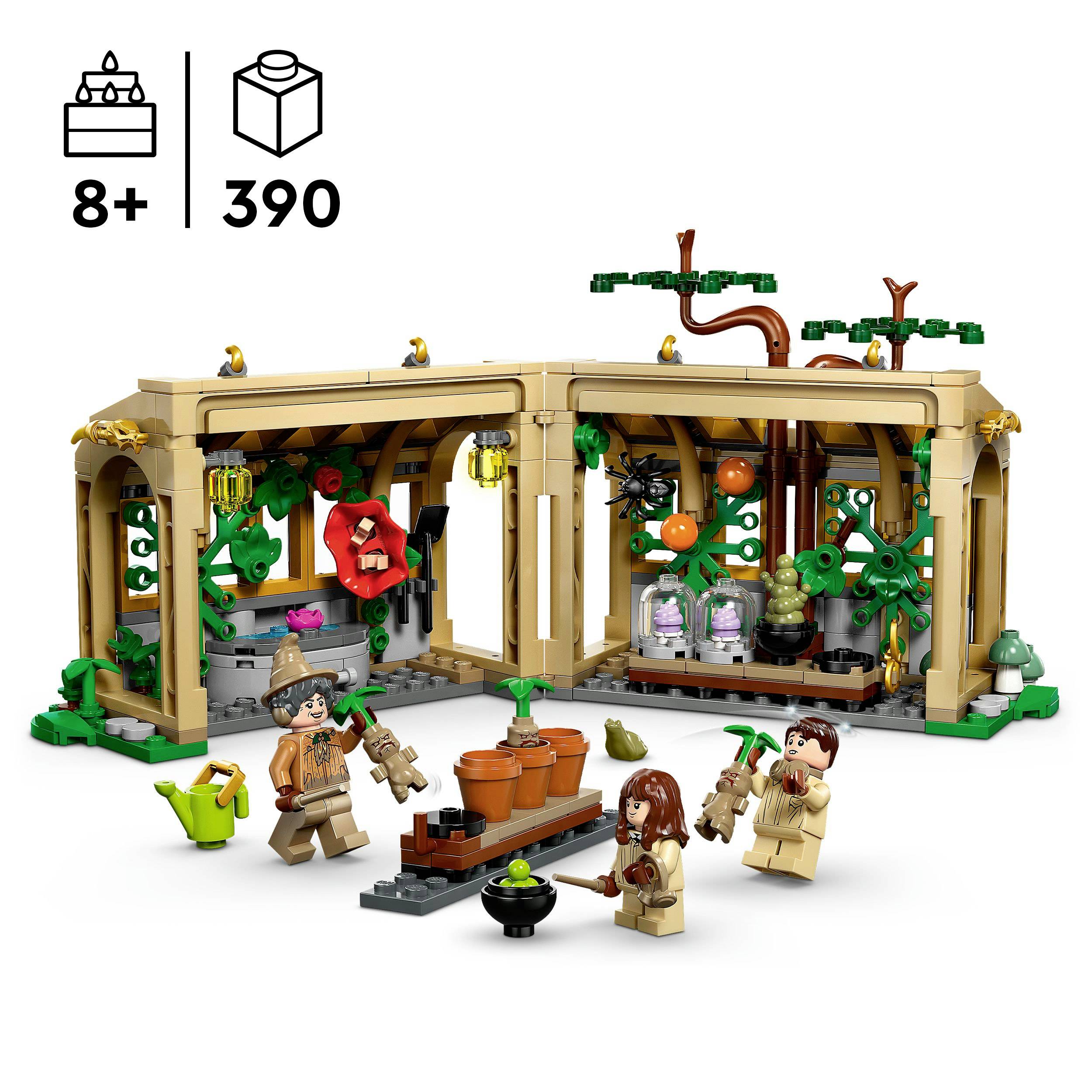 Ein Lego-Set mit einem Gewächshaus, Pflanzen, zwei Personen und 390 Teilen. Geeignet für Kinder ab 8 Jahren.