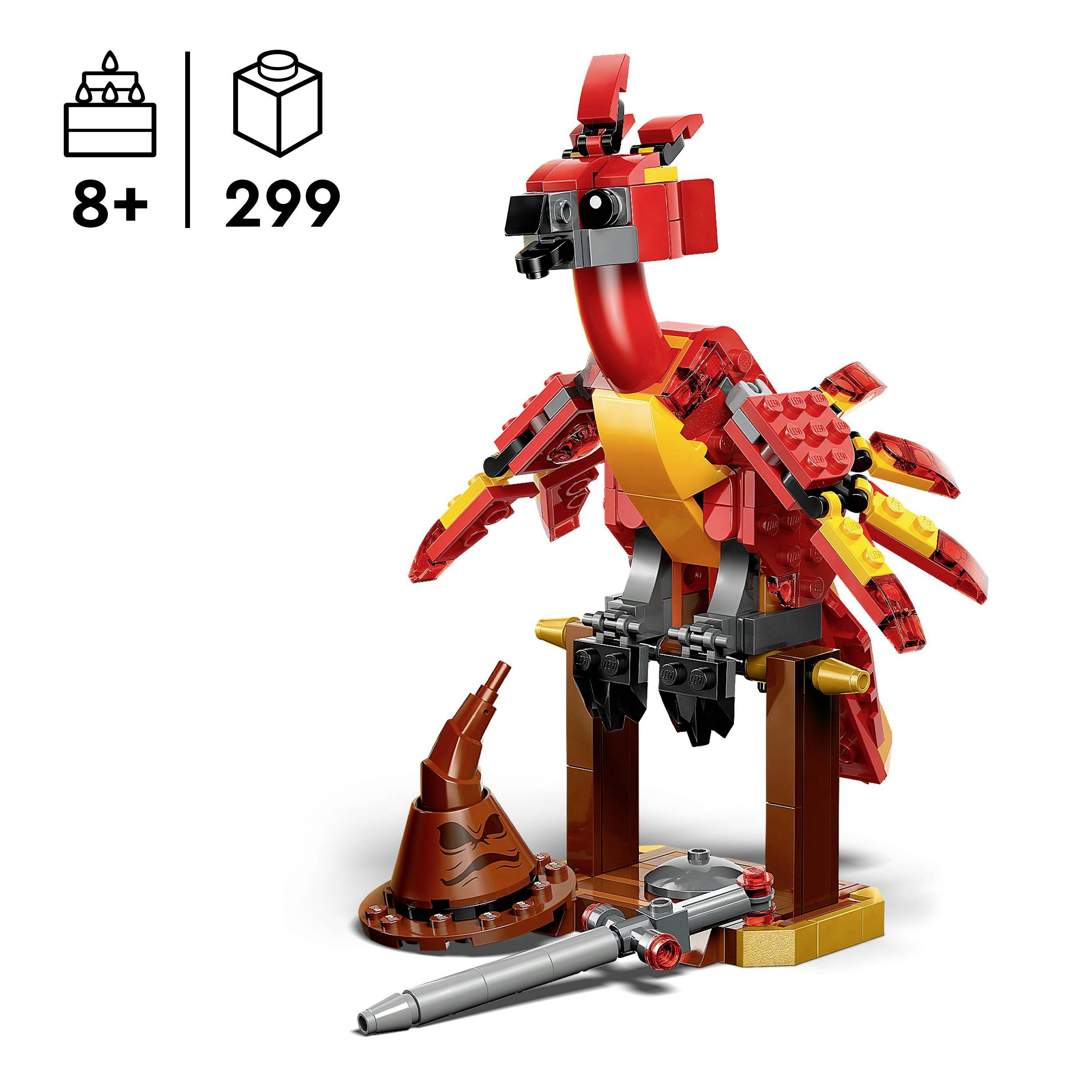 Ein LEGO Bausatz eines roten Phönix mit 299 Teilen, geeignet für Kinder ab 8 Jahren. Enthält bunte Flügel und einen orangefarbenen Schnabel.