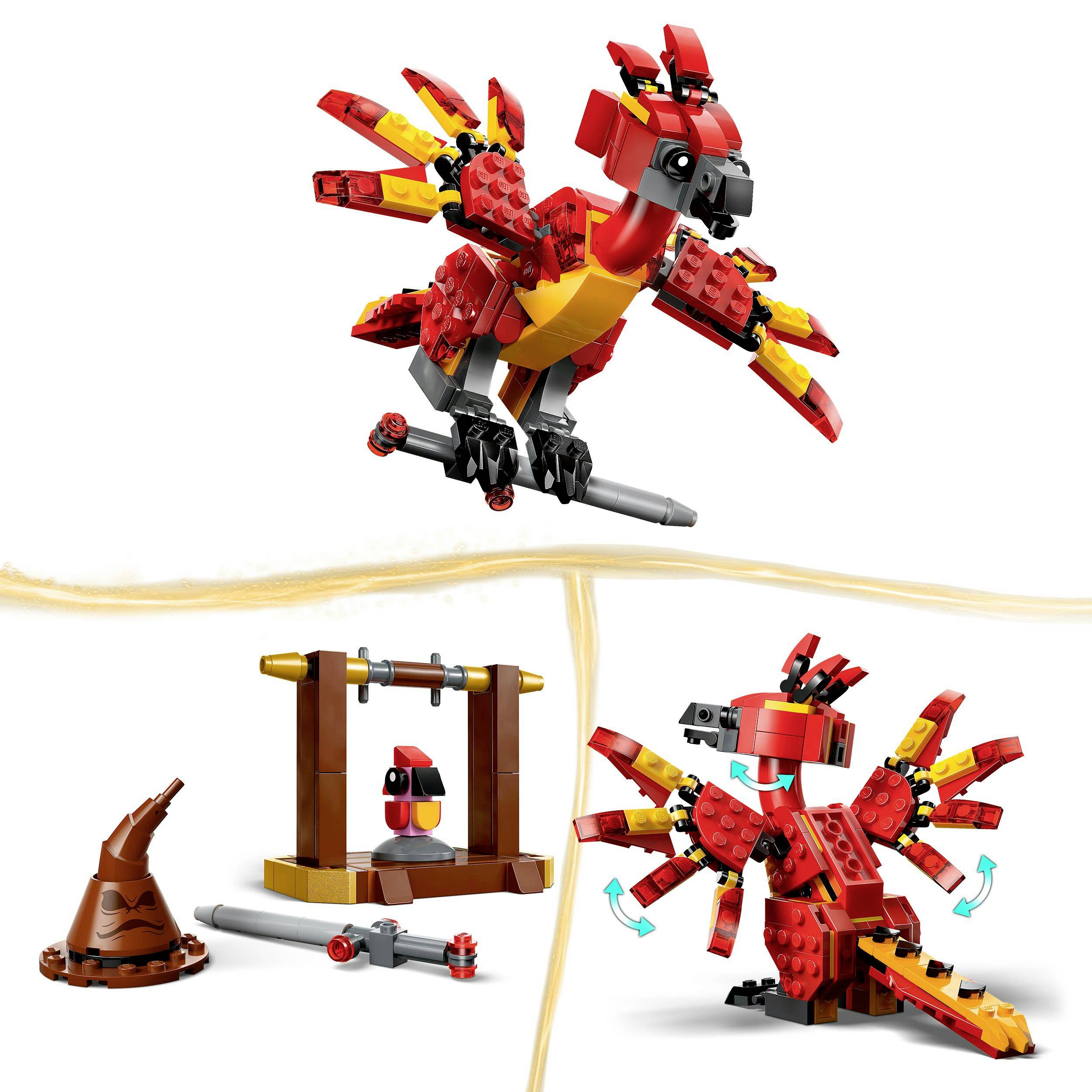 LEGO-Set mit rotem Phönix aus Bausteinen, Zauberhut und Ständer. Der Phönix ist detailreich gestaltet und kann in verschiedene Positionen gebracht werden.