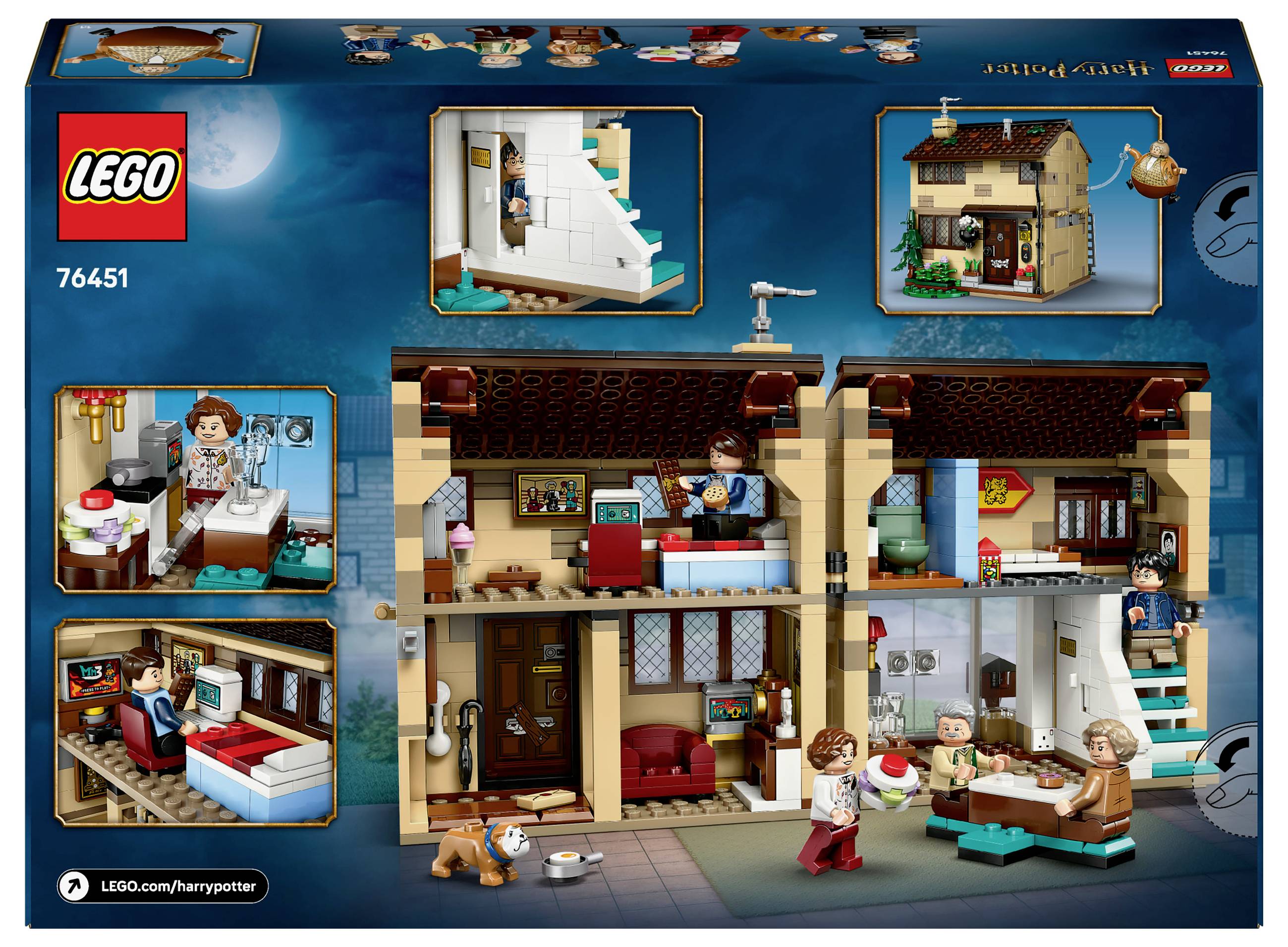 Ein LEGO-Set zeigt ein Modell eines Hauses mit mehreren Räumen. Figuren interagieren im Wohnzimmer, Schlafzimmer und Badezimmer.