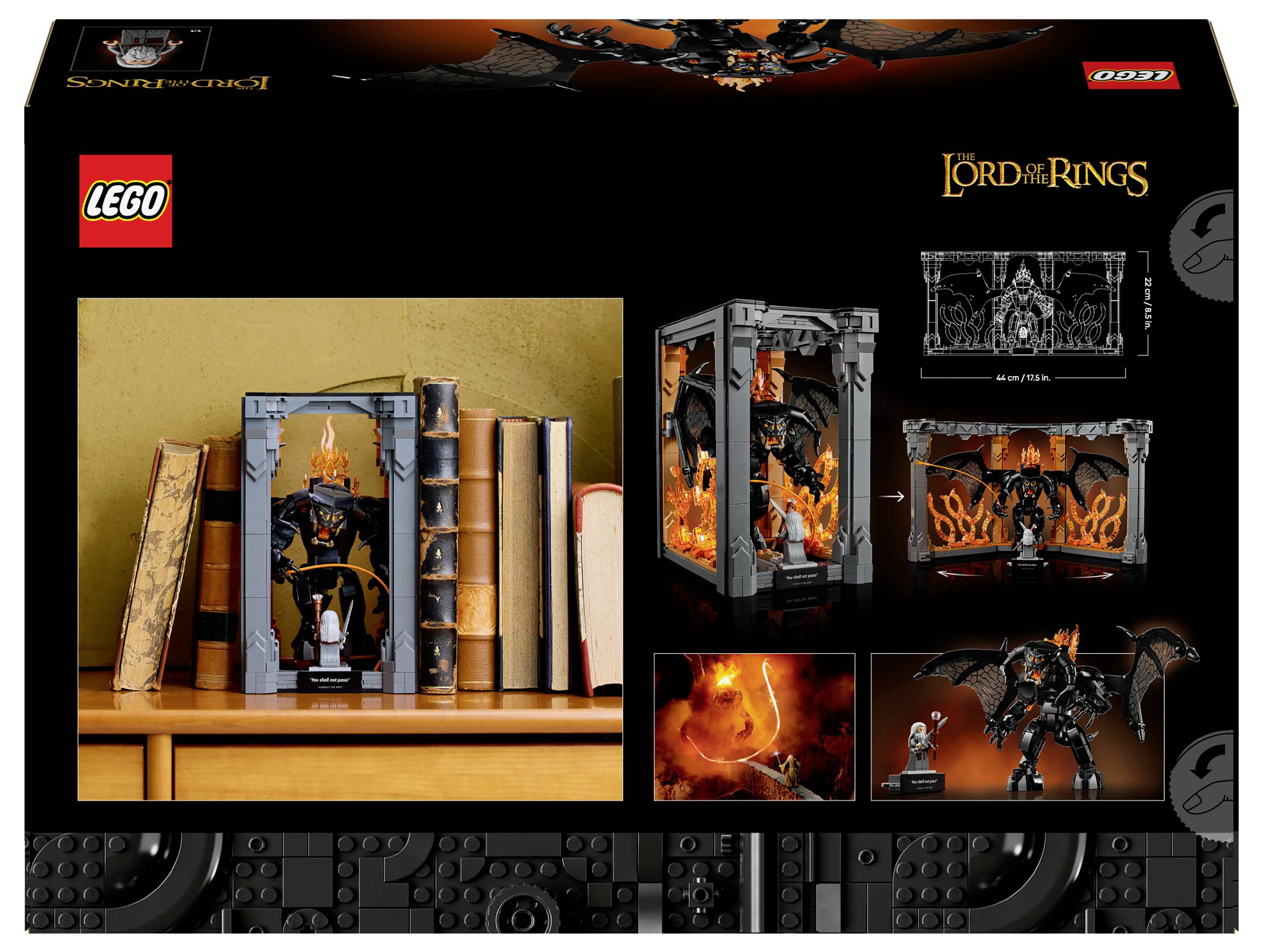 Ein LEGO-Set mit 'Herr der Ringe'-Motiv, zeigt einen Balrog in einer Bühnenszenerie. Verpackung mit Größenangaben und kleinen Detailbildern.