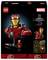Lego-Box mit Marvel 'Iron Man'-Büste. Detailzeichnungen und Foto zeigen Bauoptionen. Drehteller und leuchtender Arc-Reactor hervorgehoben.