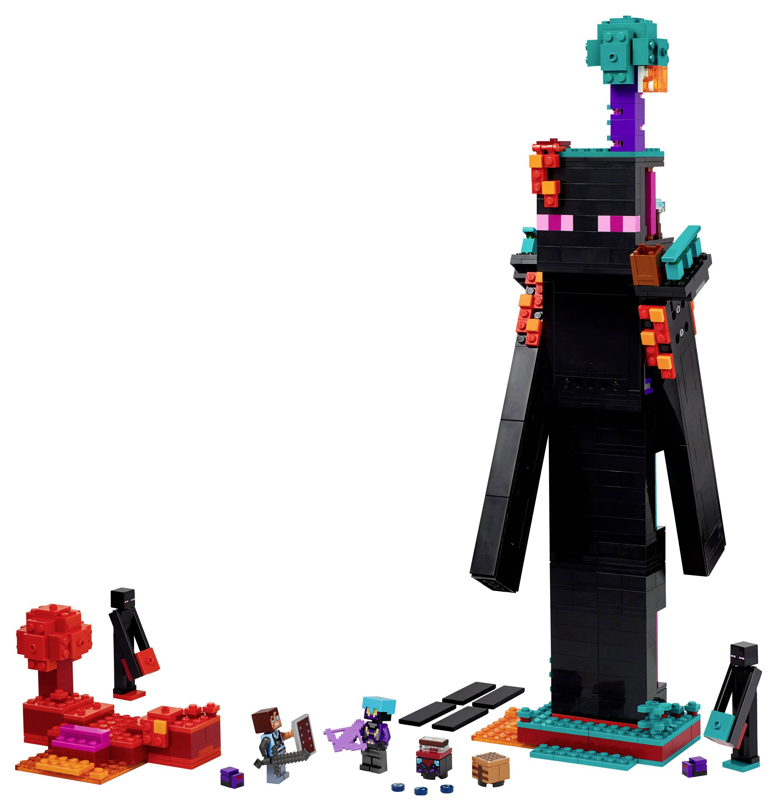 Ein Lego-Set zeigt eine große, schwarze Figur mit einem Helm und Flügeln, umgeben von kleineren Figuren in einer bunten Landschaft.